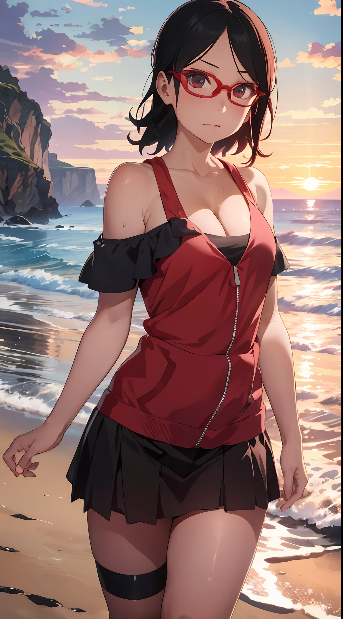 1 rapariga, Forehead,Photo assignment,Red glasses frame, Beach postcard,(Off-the-shoulder attire) Models,(No shoulder strap),MagazineCover, little breast,Beautiful model, adolable, small, perfect hand,((Lori huge breasts cleavage)), cleavage, Chubby body, underdressing, posing on the beach, hand free, tmasterpiece, Defiant eyes, ahegao, gravure model, beautiful cinematography, k hd, Perspective from above, Old in sight, uchiha sarada, drops of sweat, Be red in the face, the sunset, cametto