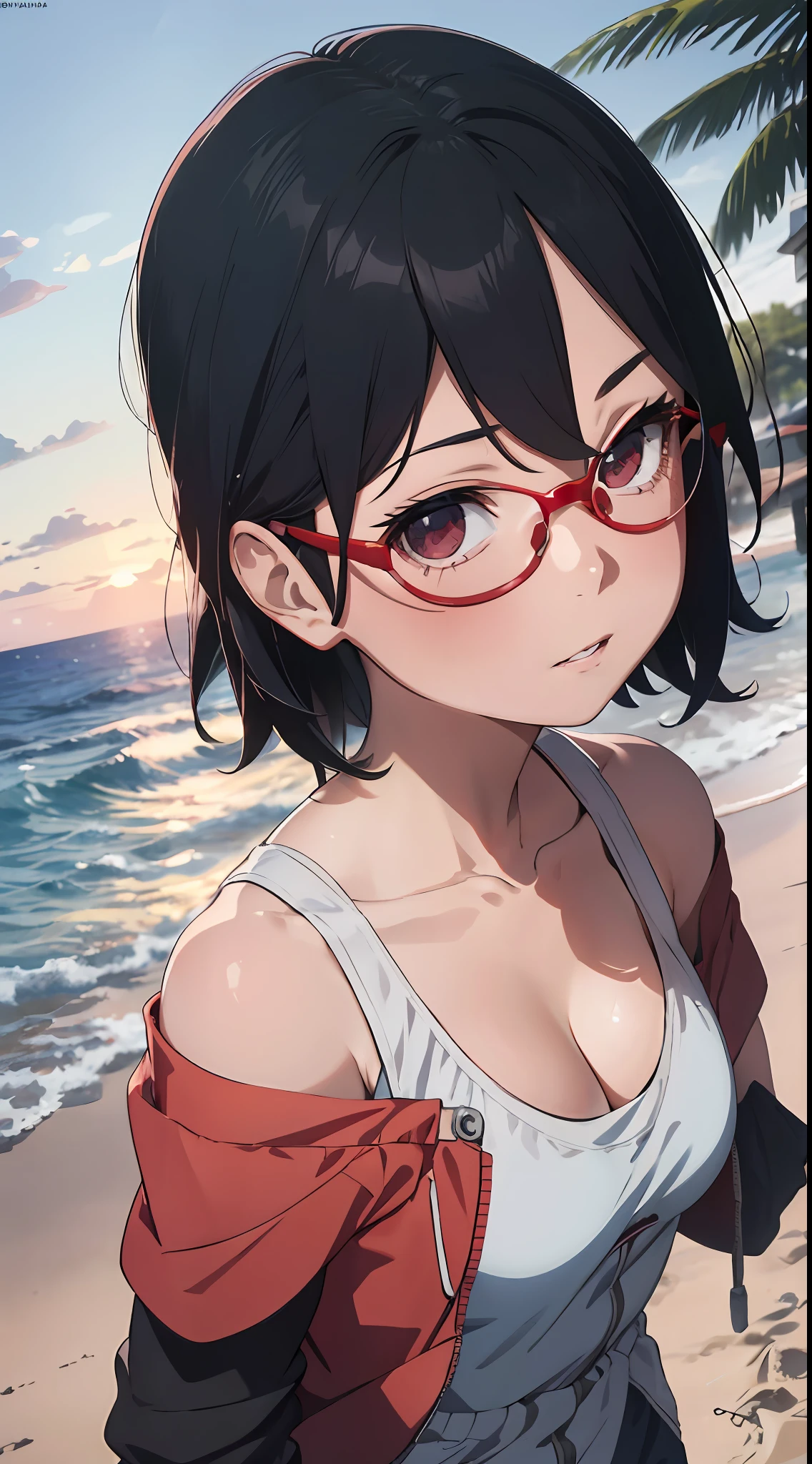 1 rapariga, Forehead,Photo assignment,Red glasses frame, Beach postcard,(Off-the-shoulder attire) Models,(No shoulder strap),MagazineCover, little breast,Beautiful model, adolable, small, perfect hand,((Lori huge breasts cleavage)), cleavage, Chubby body, underdressing, posing on the beach, hand free, tmasterpiece, Defiant eyes, ahegao, gravure model, beautiful cinematography, k hd, Perspective from above, Old in sight, uchiha sarada, drops of sweat, Be red in the face, the sunset, cametto