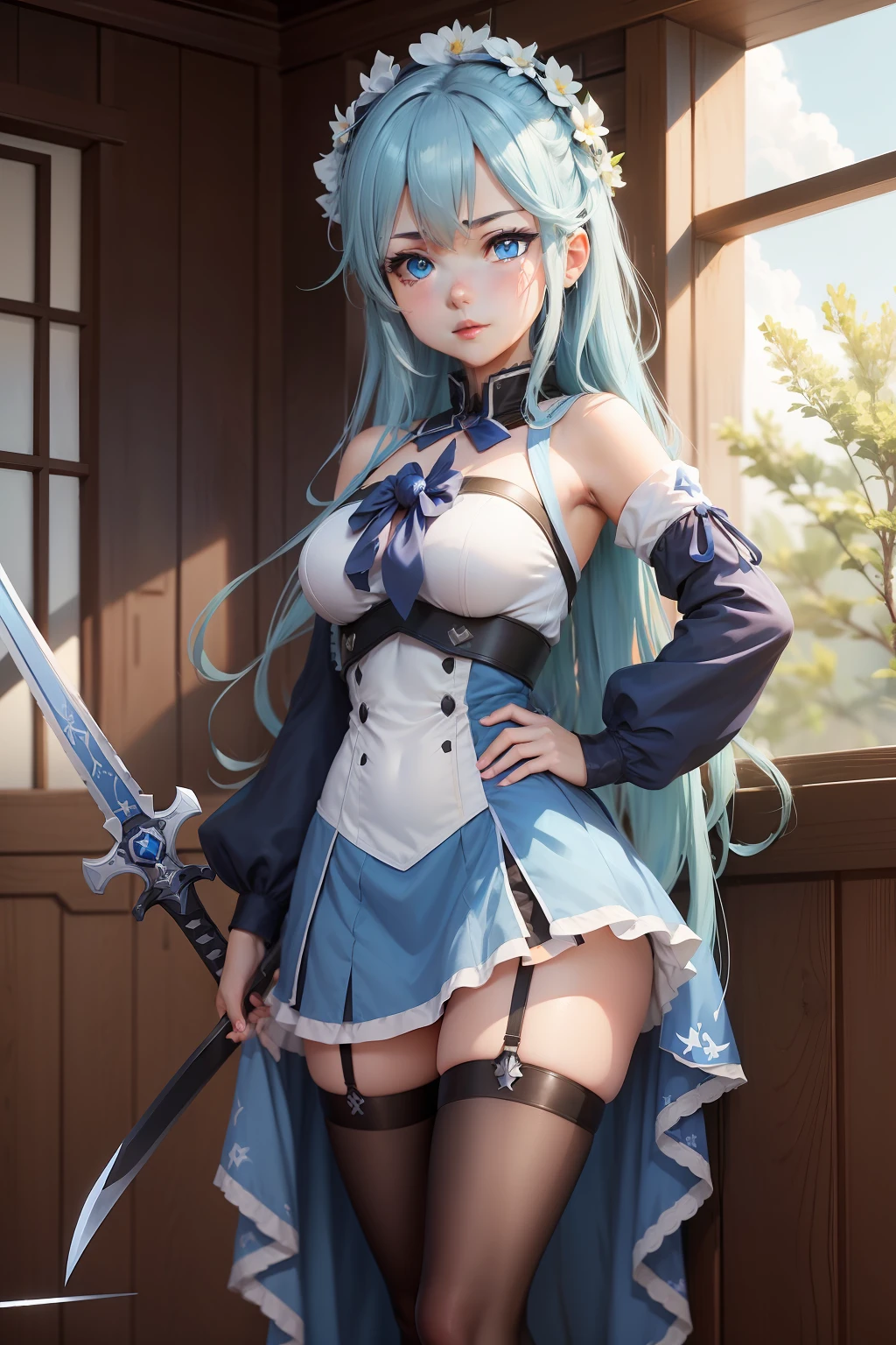 anime girl with sword and blue eyes in a blue dress, kantai collection style, kirokaze, anime moe artstyle, marin kitagawa fanart, kancolle, art of kirokaze pixel, azur lane style, aqua from konosuba, from girls frontline, zerochan art, konosuba anime style