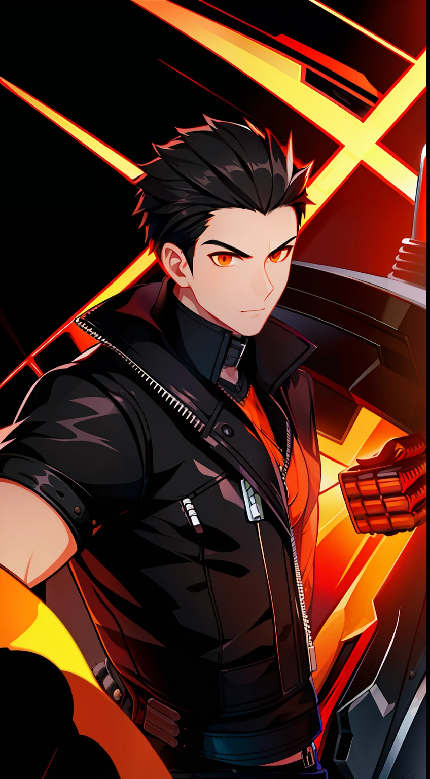 Grown-up guy, short black hair, Orange Eyes, leather jacket with spikes, circuits, Ghost Rider, Masterpiece, hiquality