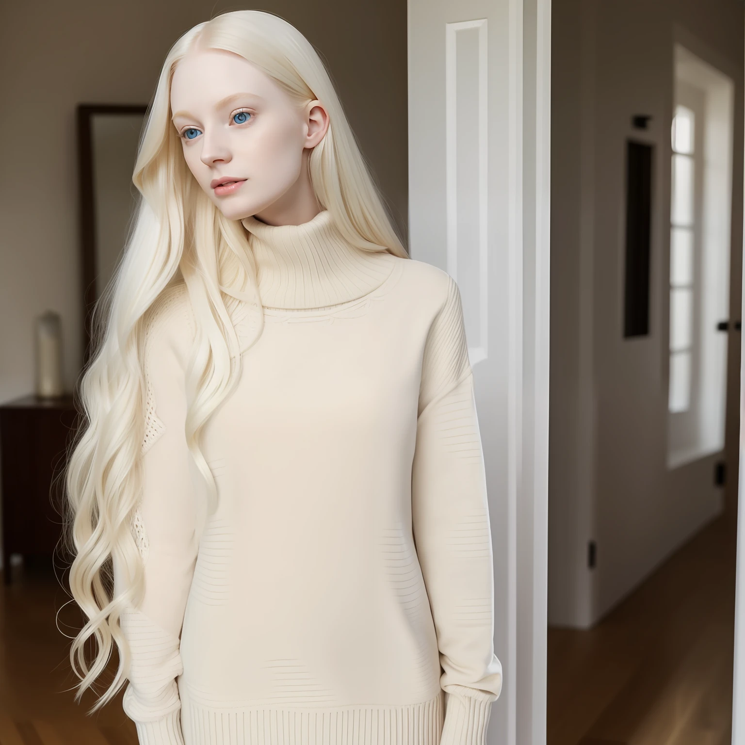 blond woman in sweater with long hair standing in room, full body, with pale skin, pale skin curly blond hair, full body, albino white pale skin, pale woman, extremely pale blond hair, extremely pale white skin, very pale skin, pale white skin, very very very pale skin, very very very pale white skin, very very pale white skin, ivory pale skin, pale fair skin!!