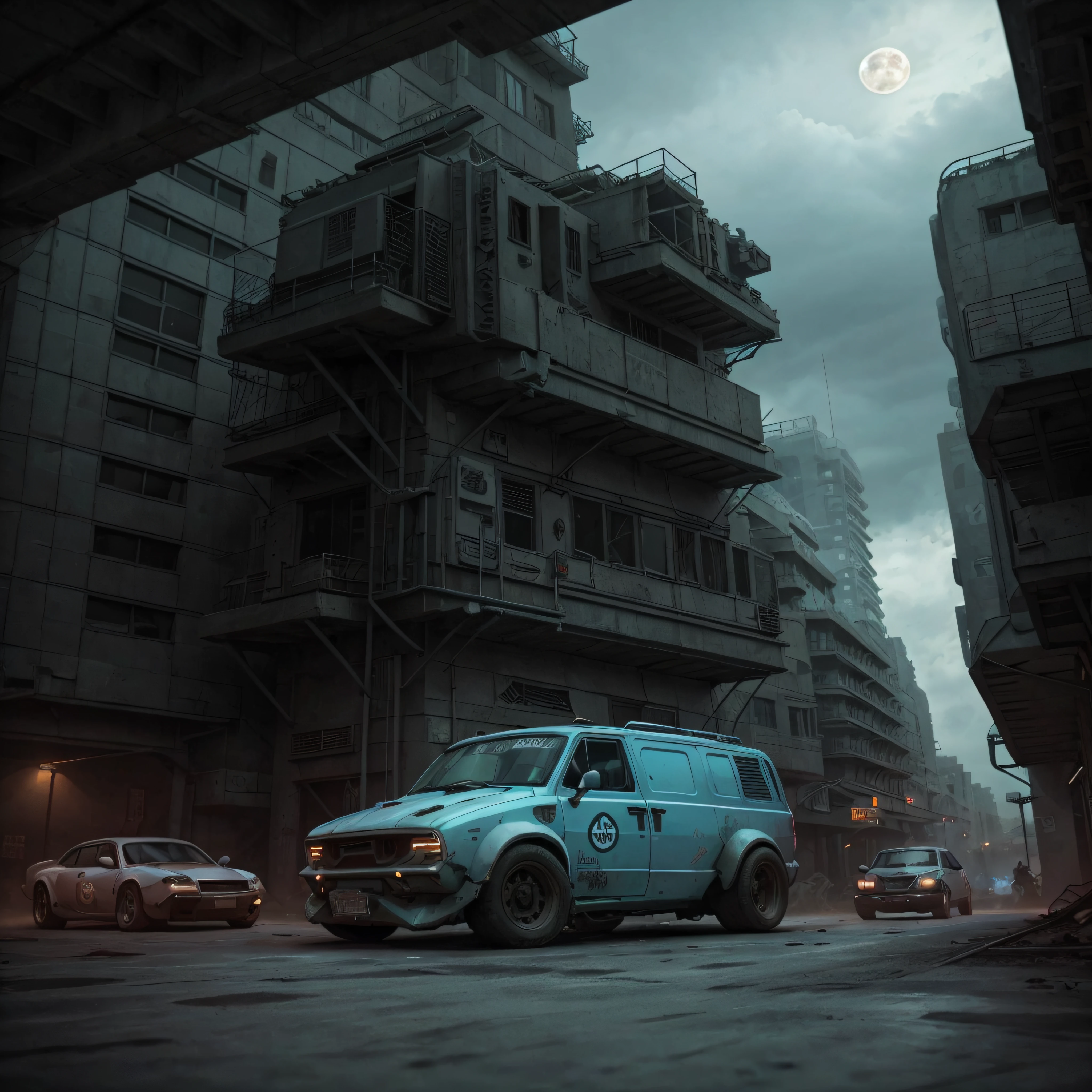 gopro shot of a (cyberpunk armored van) zeekars, 3/4 front view, wide angle action shot, post-apocalyptic, outdoors, night, road, destruction, urban decay, moonlight, full moon in background, masterpiece, photorealistic, 8k, high detail, dark theme,