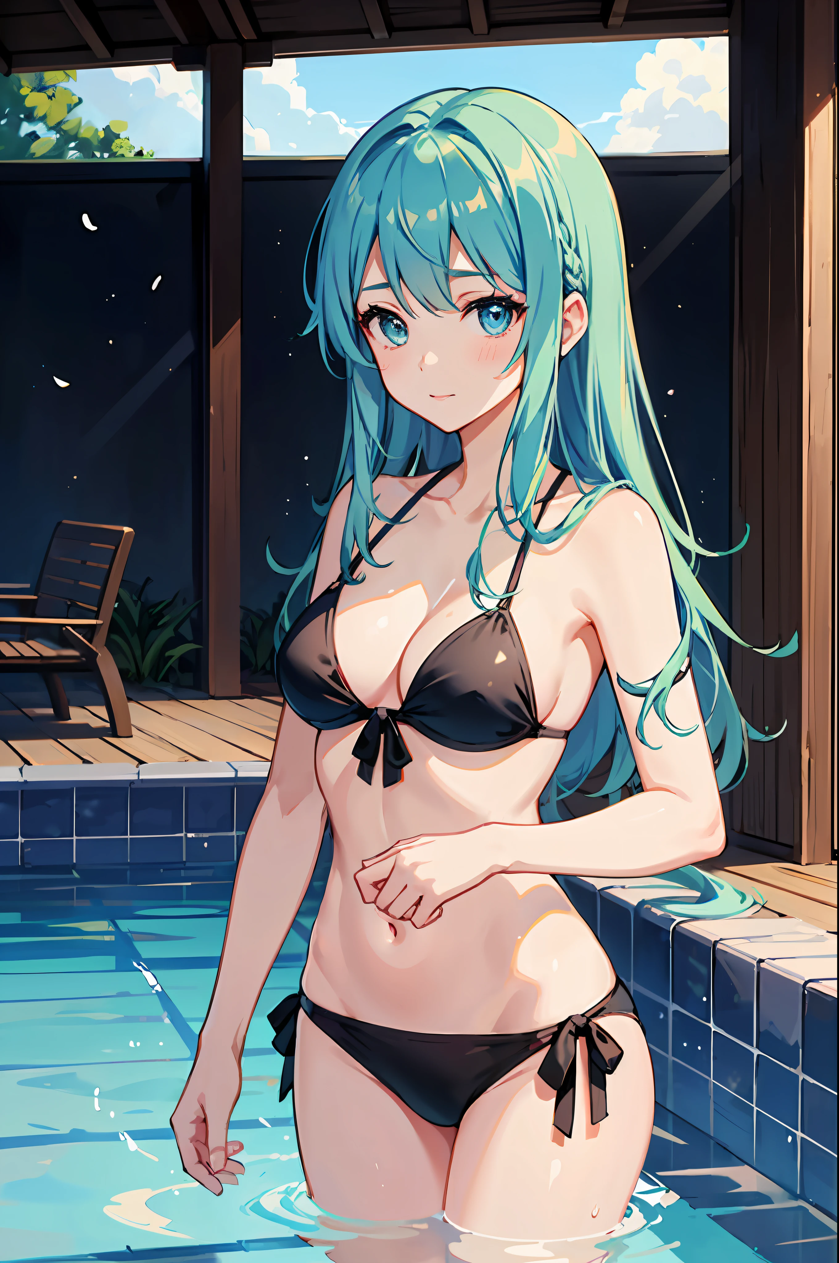 realisitic、top-quality、女の子 1 人、blue green hair、Natural eye color、Shy face、maikurobikini、beautiful boob 、Pool at night、Particles of light、profetional lighting、llight rays、wall-paper、