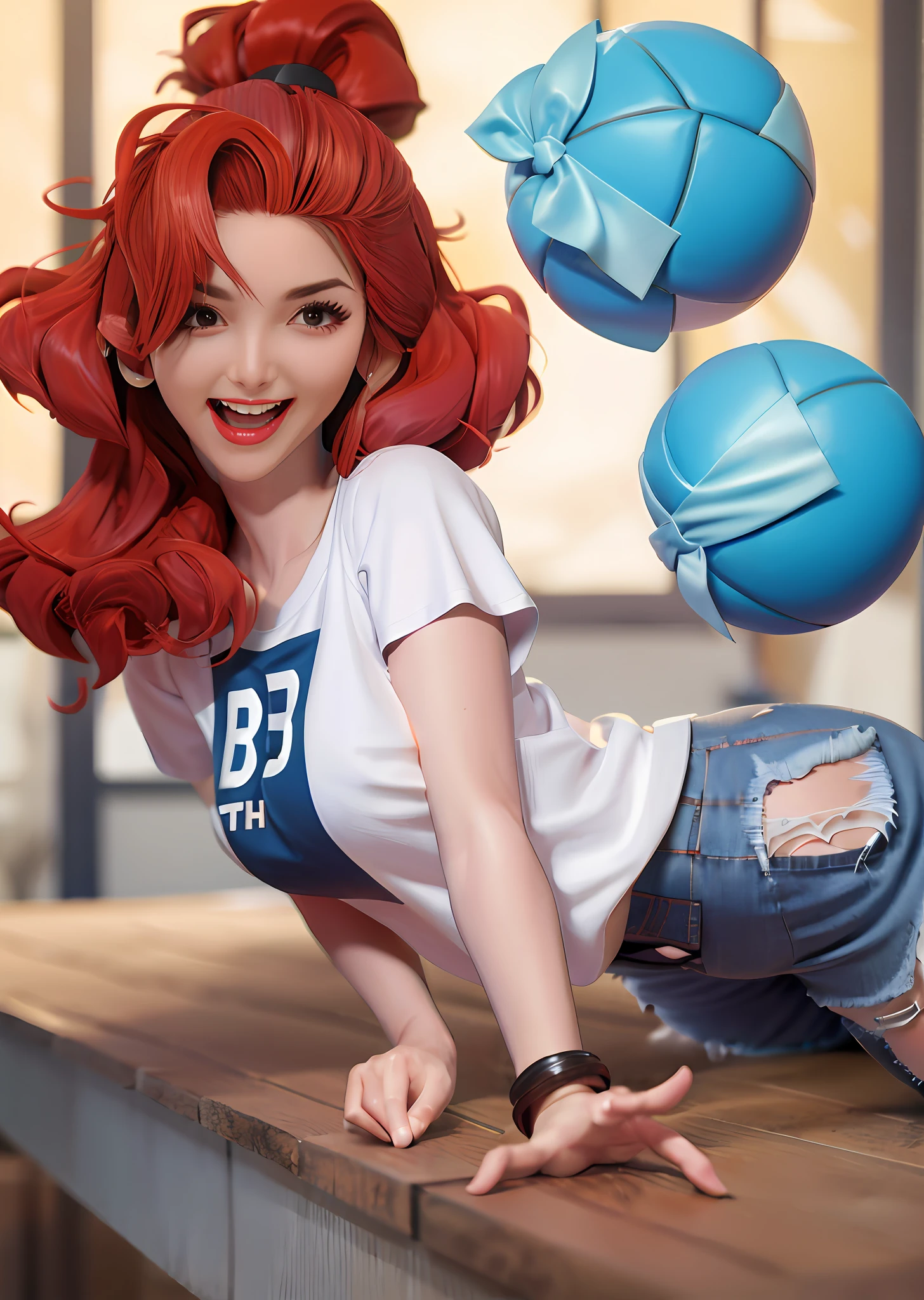 The girls,denim short,vests,Big breasts Thin waist,Red long-haired,having fun,Bigchest,DJ,ball room,8K quality,White T-shirt,