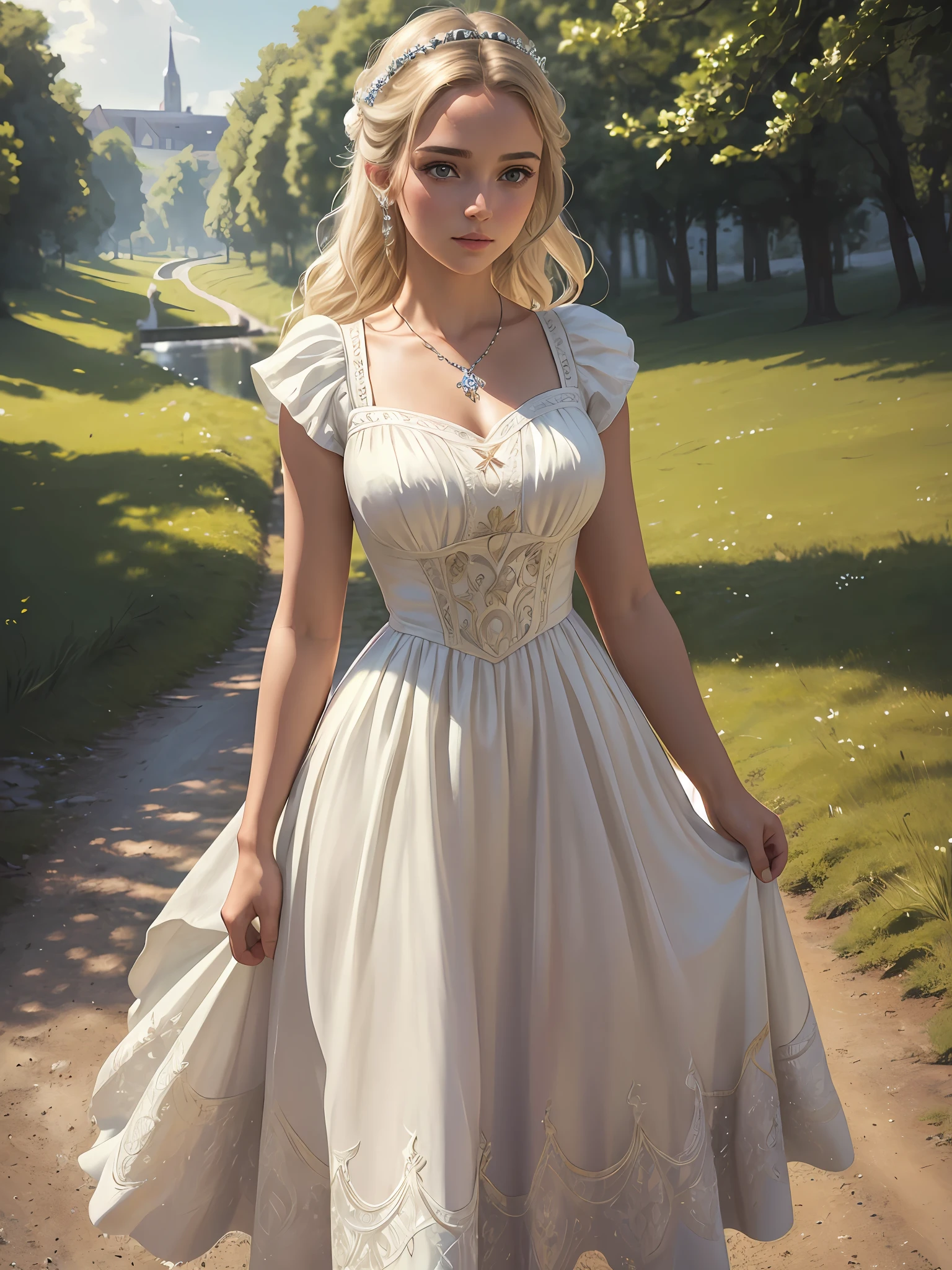 (masterpiece), (best quality), ((ultra-detailed)), (hyperrealistic), (highly detailed photo), cinematic lighting, photorealistic, extremely beautiful young lady in European countryside, intricate detailed white dress, shining, gloss, crisp, flirty, epic, focus, high contrast, artistic