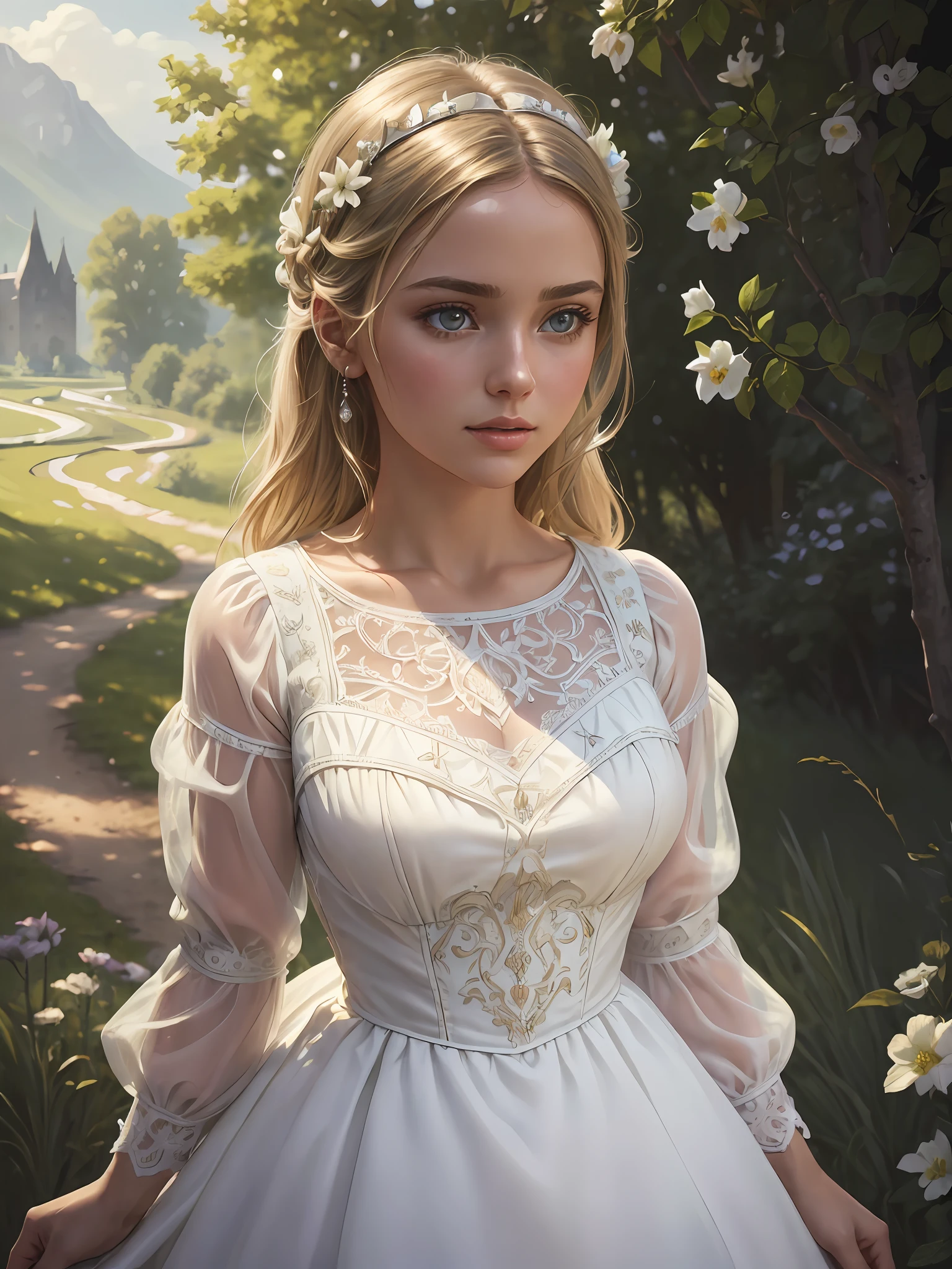 (masterpiece), (best quality), ((ultra-detailed)), (hyperrealistic), (highly detailed photo), cinematic lighting, photorealistic, extremely beautiful young lady in European countryside, intricate detailed white dress, shining, gloss, crisp, flirty, epic, focus, high contrast, artistic
