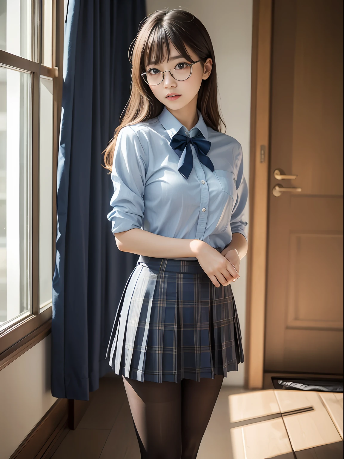 （8K、Raw photography、top-quality、​masterpiece：1.2),Bullish,Muchimuchi,Erotic,Pupils,Light Blue Bra,de pele branca,kne,(Black pantyhose),absurderes,a small face,small tits,flat breast,Parting the bangs from the middle、Forehead visible,(a cold expression<Tight eyes,glares,Bullish,skinny,Rasping,irate)、​masterpiece,top-quality、超A high resolution,Raw photo,ren,Beautiful fece,One Person, 独奏,eye glass,,Dark look,Small breasts,fullllbody,Round glasses、cute little、JK school uniform,hi-school girl,A Japanese Lady,is standing,（Photorealsitic：1.37）、Photon mapping,Light blue ribbon,Realistic、Cute little face,Brown-eyed、Black socks、(Red bow tie)、Radio City、Physically Based Rendering、Foreground、depth of fields、Blurry background、a picture,The girls、Body,beauty legs, Long legs, Thin leg,Tie your hair at the chest with one strand,(Bangs are visible), hair, s lips, Blue_The eye, nosesoft,(Light blue shirt), (Navy and blue and white plaid pleated skirt), Knees are visible,Sheer clothing,, Thigh, Black cotton socks,Nogizaka Idol, 女優, Japanese ido