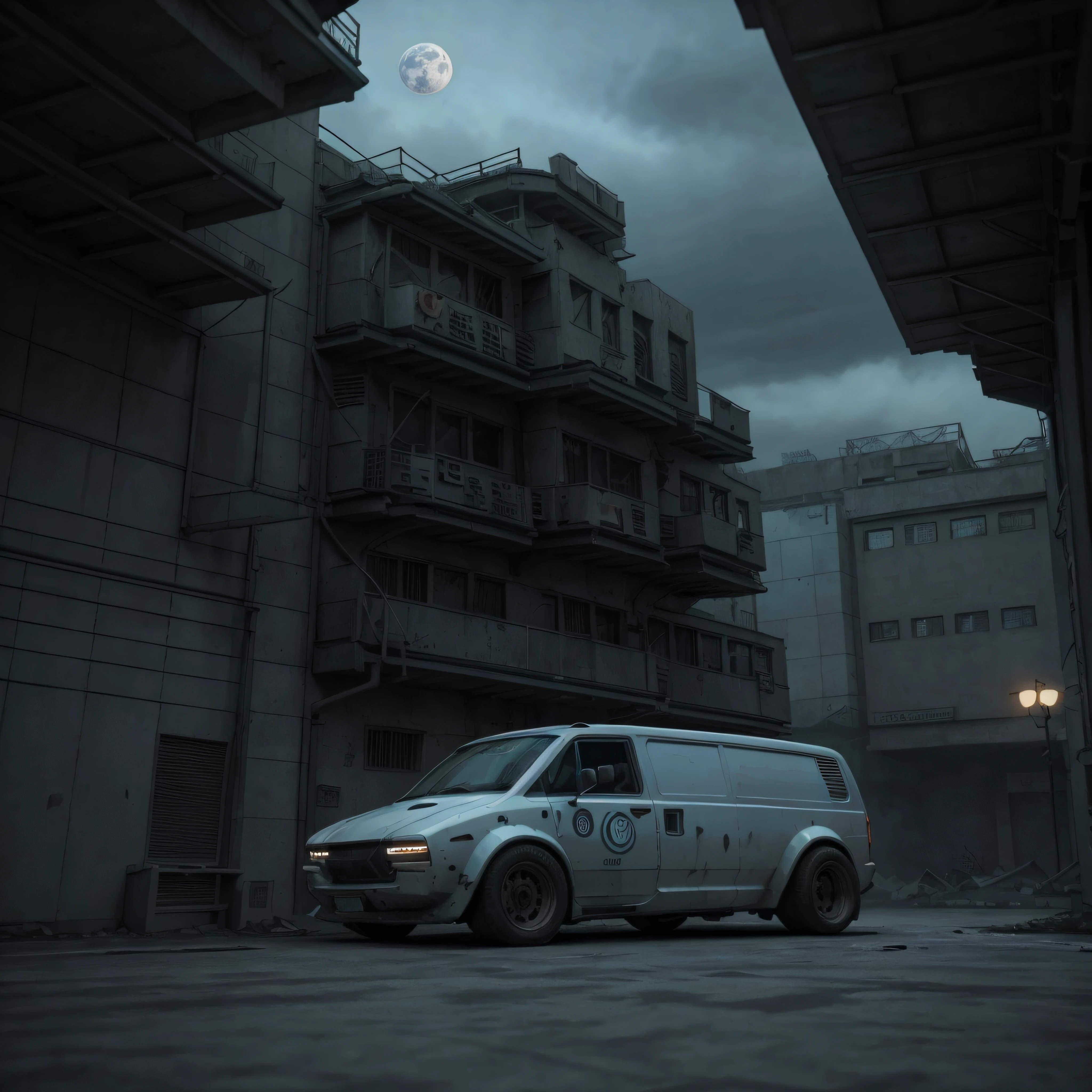gopro shot of a (cyberpunk armored van) zeekars, 3/4 front view, wide angle action shot, post-apocalyptic, outdoors, night, road, destruction, urban decay, moonlight, full moon in background, masterpiece, photorealistic, 8k, high detail, dark theme,