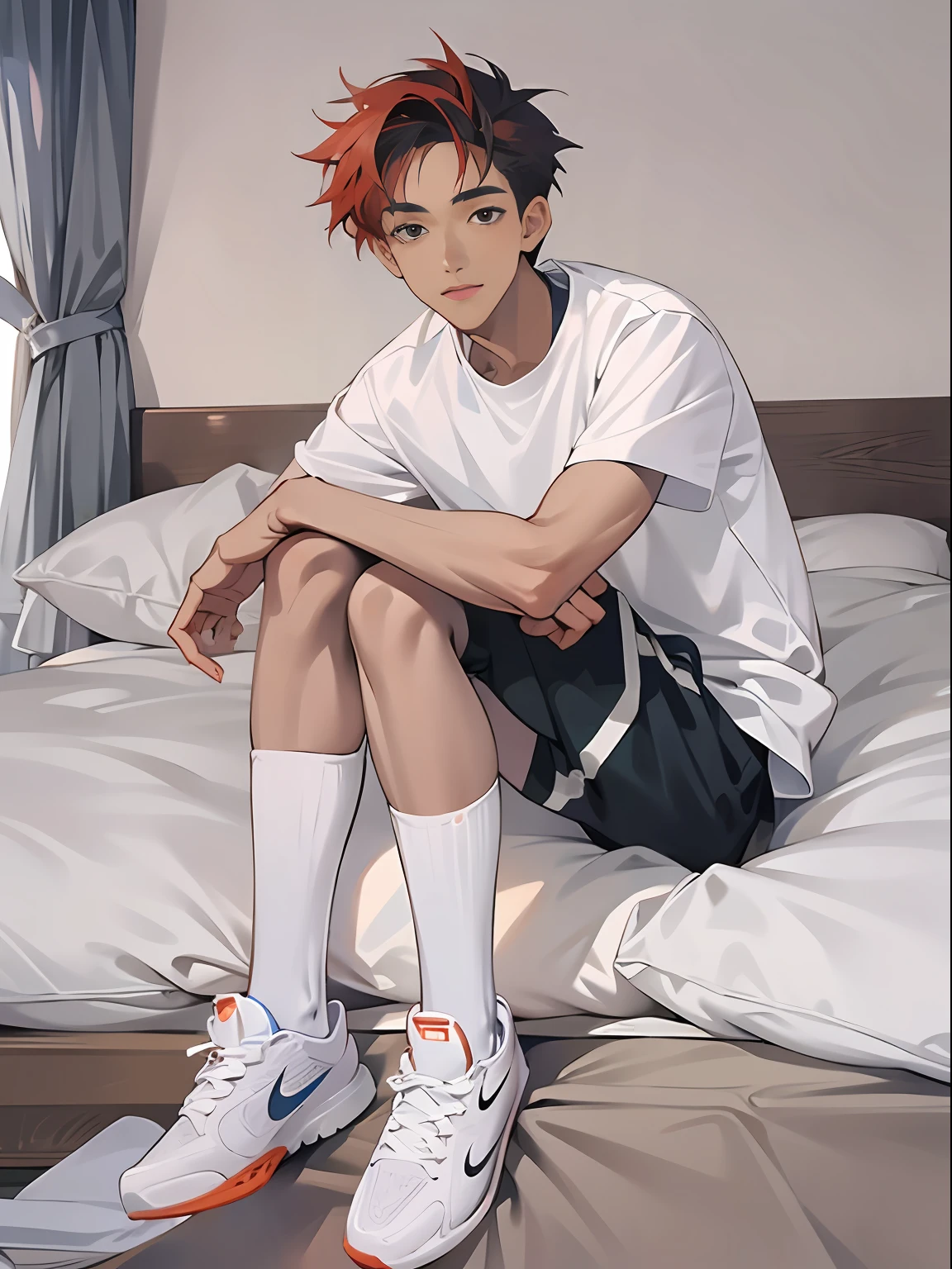 A boy in his twenties，Wearing long white socks and Nike's high-top board shoes，sit on a bed，White skin，Long legs，Some abs are exposed，voluminous hair，Handsome，adolable，Cool boys，