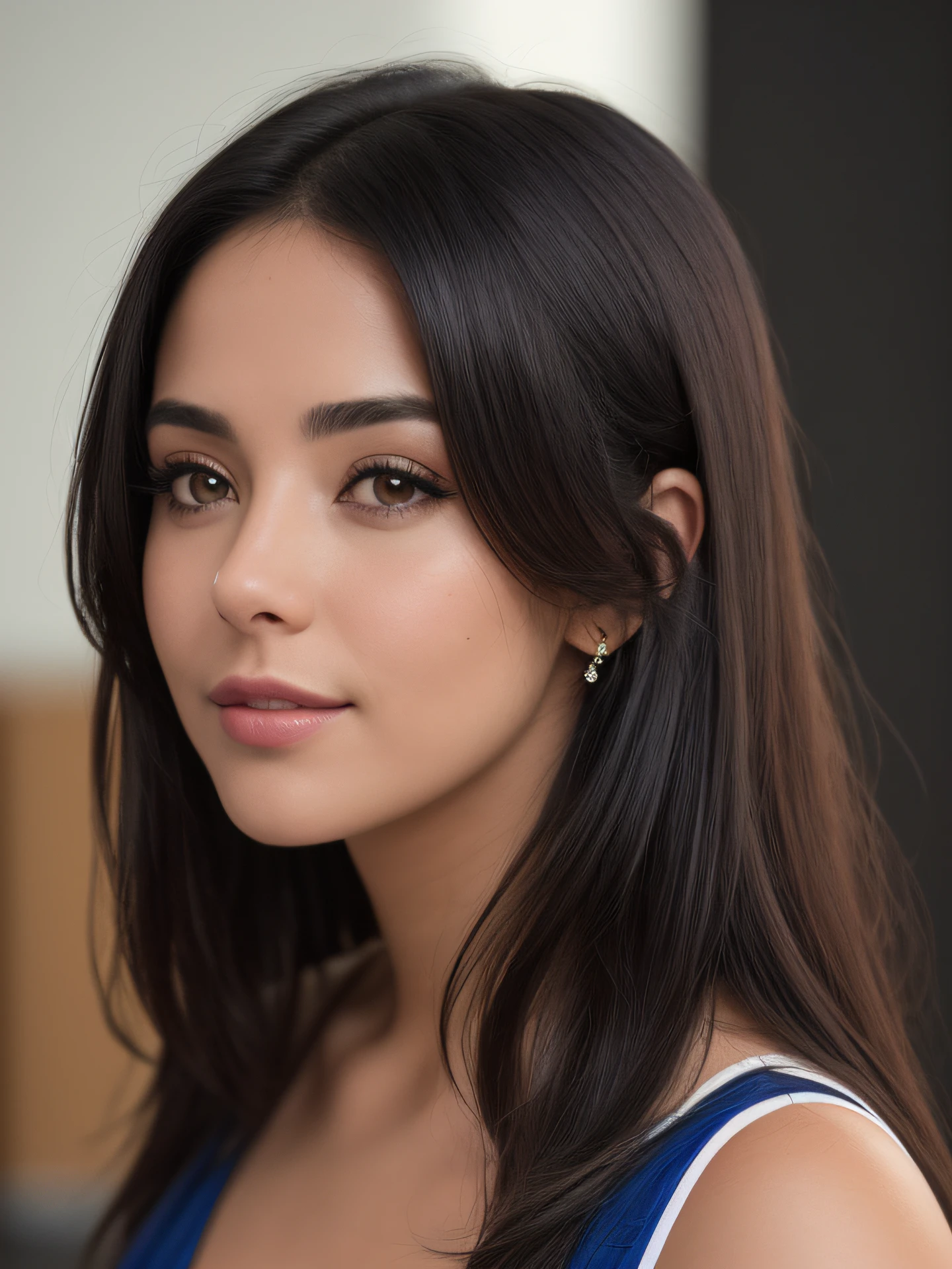 Romantic style, obra maestra, mejor calidad, 8k, artstation, foco nítido, ultrarrealista, altos detalles, foto cruda deun retrato de un poste, cabello negro largo, moles near the mouth blue dress amazing body, Pronounced female feature, cocina, primer plano, (peiinegra: 0.4), (fotorrealista: 1.3), (Higher quality: 1.3), (movie grain: 1.3), (World's Best Photography: 1.3), (foto profesional: 1.3), (detalles detallados: 1.3), (cinematiclight: 1.3), (cinematic color: 1.3), Maximum depth of field, film photograhpy, (detalles intrincados: 1), (hiperdetallado: 1),