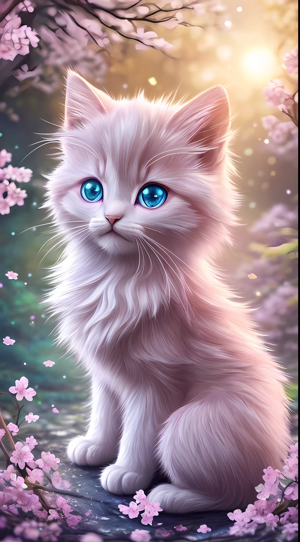 side view, oversaturate, colorfully, Fairytale, dreamlike, Cinematic character render, oil painting, 3D, 8k resolution, sequins, glitter, sakura forest, moonlight, Close up Portrait adorable chibi kawaii anthropomorphic kitten king, Detailed eyes, large round reflective eyes,