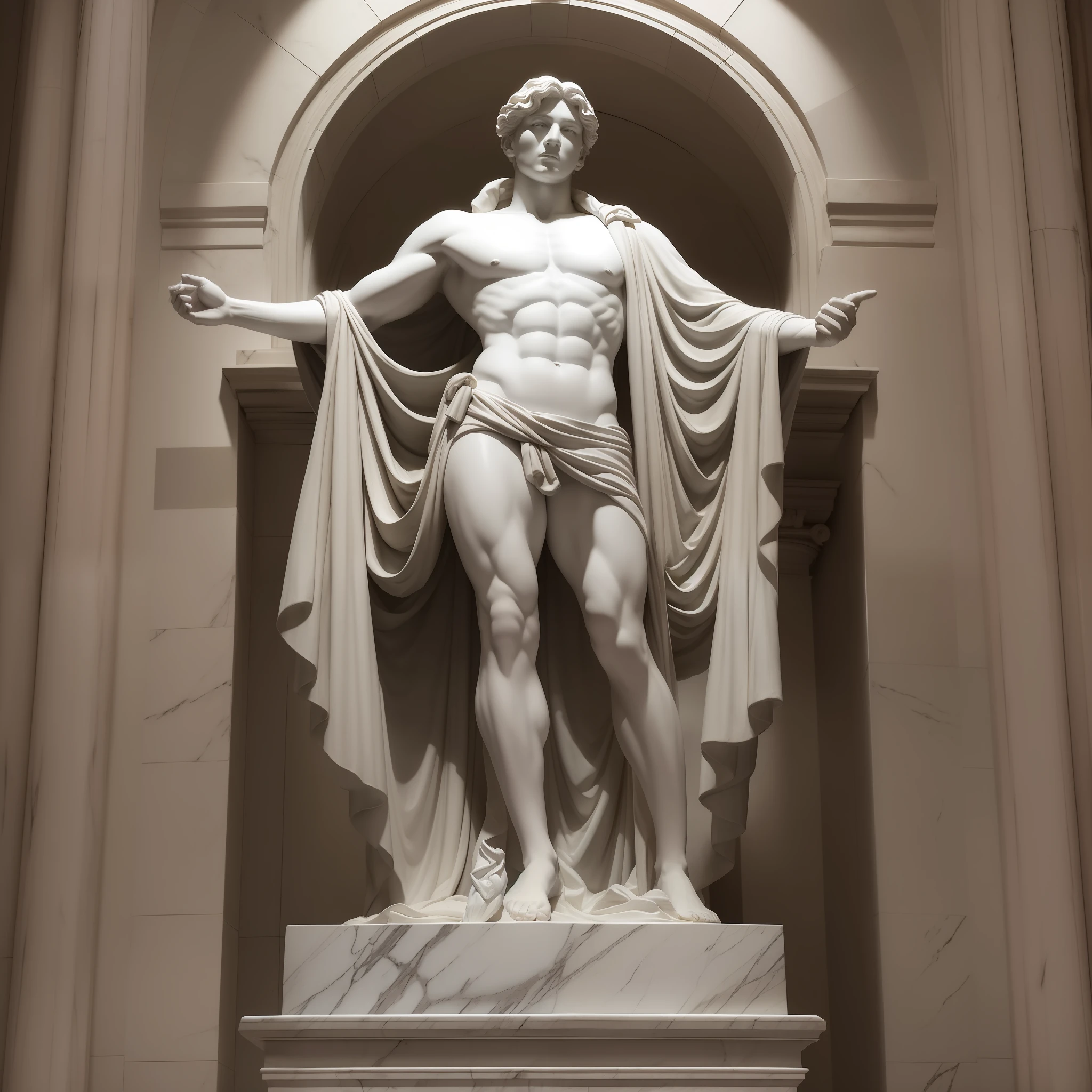 white Marble statue of male police officer, well-proportioned long limbs, Faint stone veins, exquisite marble face details, solid black background, spotlights, high contrast, masterpiece, highest quality, best image quality, cinematic lighting, full body in shot, photoreal