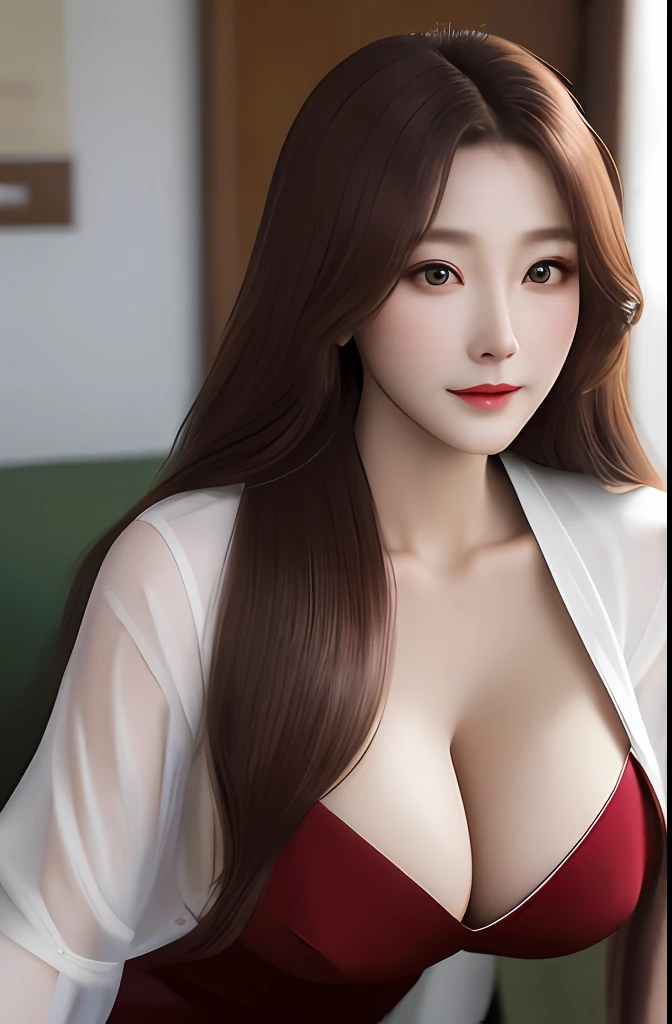 Very detailed eyes, very detailed face, very beautiful woman, best quality, super detailed (photorealistic), very delicate and beautiful legs, beautiful red eyes, absurdity, very detailed facial happy expression, professional illustration, shy, ff Mai Shiranui,super big breast,brown hair,long hair,police woman
