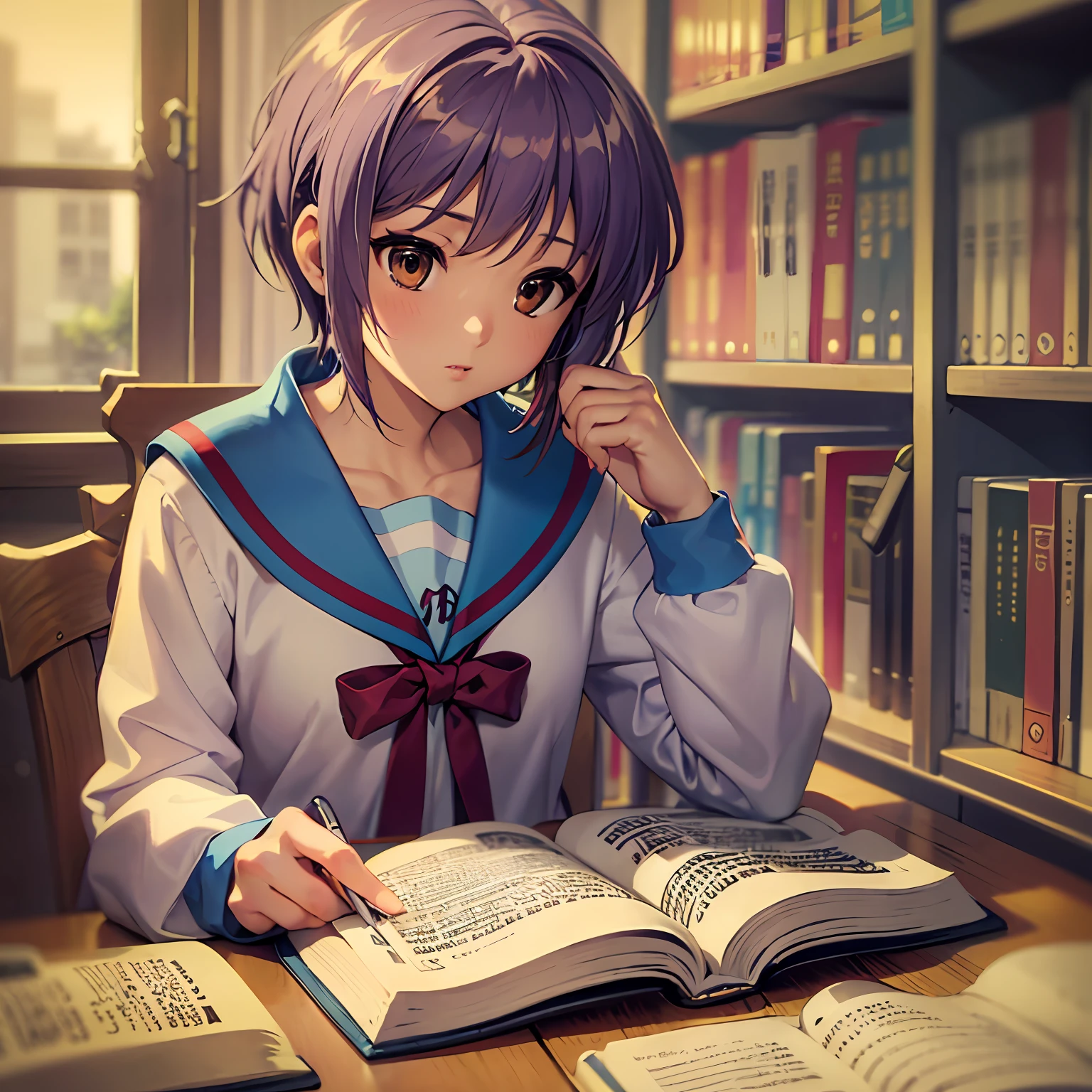 Yuki Nagato, the enigmatic character from "Suzumiya Haruhi no Yuutsu," seems to lead an ordinary, unassuming life on the surface. Her daily activities are veiled in mystery, often unnoticed by her peers. Yet, beneath her reserved exterior, lies a voracious bookworm with a hidden passion for literature.

Every morning, Yuki sets out for school with a quiet demeanor. Her peers see her as a reserved and unremarkable student, never suspecting the depth of knowledge she possesses. As she sits at her desk, her nose buried in a book, her classmates assume she's merely completing her assignments. Little do they know that Yuki's books hold secrets to worlds far beyond the ordinary.

During lunch breaks, Yuki finds solace in the school library, surrounded by the comforting scent of aged pages. She immerses herself in books of every genre, from classic literature to obscure scientific journals. Reading is her gateway to endless possibilities, where imagination knows no bounds.

As the afternoon classes drone on, Yuki's mind often drifts to the worlds she has explored within the pages of her books. Her eyes may be focused on the chalkboard, but her thoughts are always a universe away. In the realm of her mind, she conjures up adventures, unraveling mysteries, and delving into the depths of human emotions.

After school, Yuki slips away to a quiet corner of the library, away from the bustling crowds. Here, she finds comfort and solace among the rows of books that line the shelves. In the world of literature, she finds companionship and understanding, a refuge from the complexities of reality.

Once the evening descends, Yuki returns to her home, where her room is adorned with shelves overflowing with books. This space is her sanctuary, where she can delve into stories until the late hours of the night. The soft glow of a lamp casts a warm aura, and she loses herself in the adventures of characters she's come to know as friends.