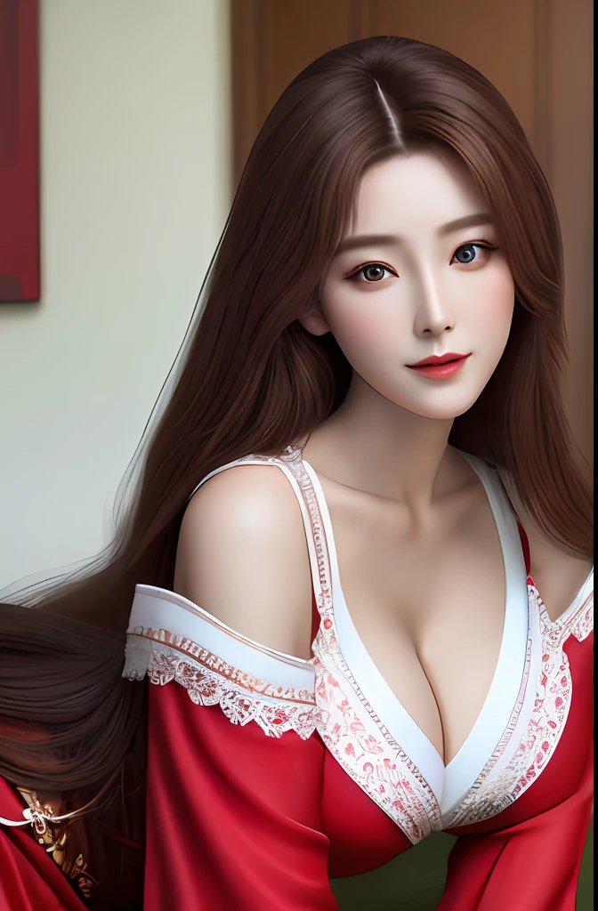 Very detailed eyes, very detailed face, very beautiful woman, best quality, super detailed (photorealistic), very delicate and beautiful legs, beautiful red eyes, absurdity, very detailed facial happy expression, professional illustration, shy, ff Mai Shiranui,super big breast,brown hair,long hair,sister