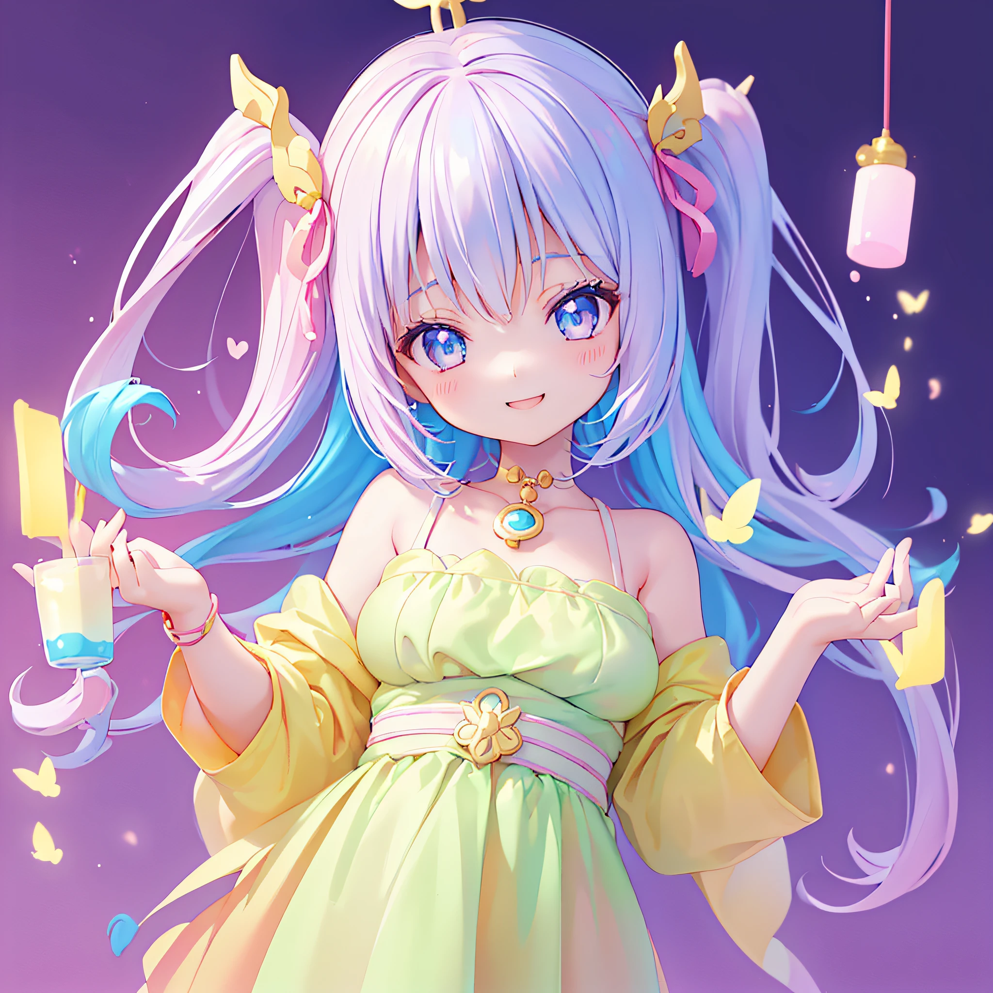 ((NSFW:1.1),masutepiece, (1girl in),Feeling as young as 3 years old、poneyTail、 Idol,Looks fun with a big smile, ((upper body closeup)), Big eyes, It seems that the eyes are shining、Kawaii Tech, kawaii, Cute, Pastel colors,Hair color is pastel、 (Best Quality), Happy,Deep background of Makoto Shinkai style, Symmetrical, Head Tilted,The composition should exude sensuality and innocence、An ultra-high picture quality、Dynamic Angle、Eyes are shining、A toothless smile
