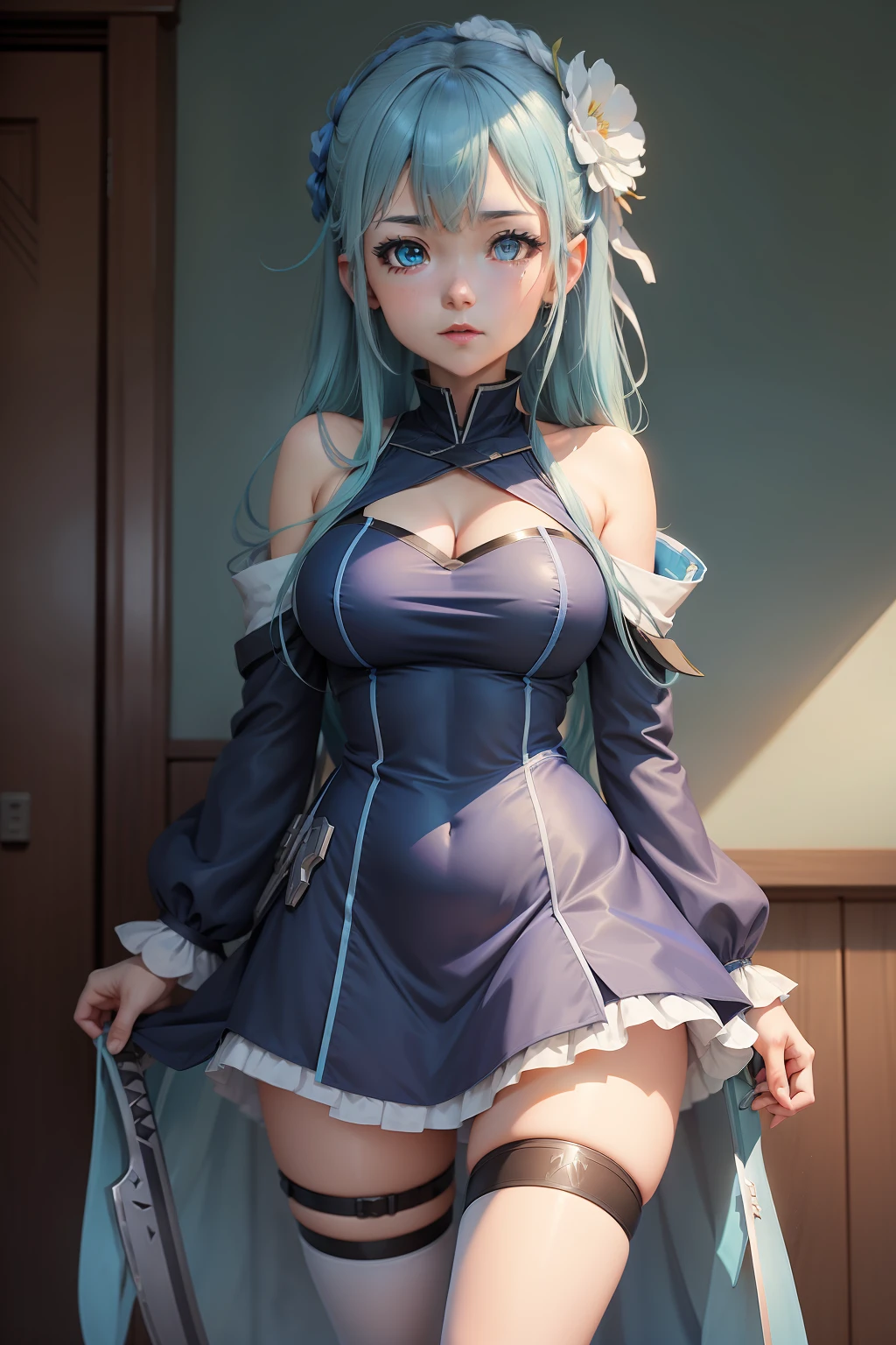anime girl with sword and blue eyes in a blue dress, kantai collection style, kirokaze, anime moe artstyle, marin kitagawa fanart, kancolle, art of kirokaze pixel, azur lane style, aqua from konosuba, from girls frontline, zerochan art, konosuba anime style