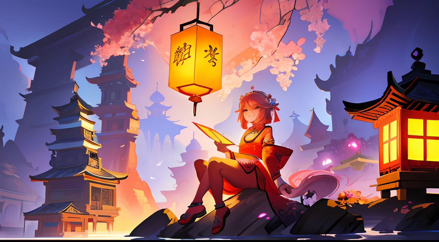 a drawing,A girl sits on a stone holding a flower, girl under lantern, Inspired by Cyril Rolando, cyril rolando and goro fujita, yellow magic theme, Palace , A girl in Hanfu, the glow of the moonlight, Fantasy art style, in the style of Cyril Rolando, Chinese fantasy, Anime fantasy illustration, (tmasterpiece,top Quority,best qualtiy,offcial art,Beauty and aesthetics:1.2),(1girl),Extremely detailed,(s fractal art:1.3),extremely colorful,Most detailed