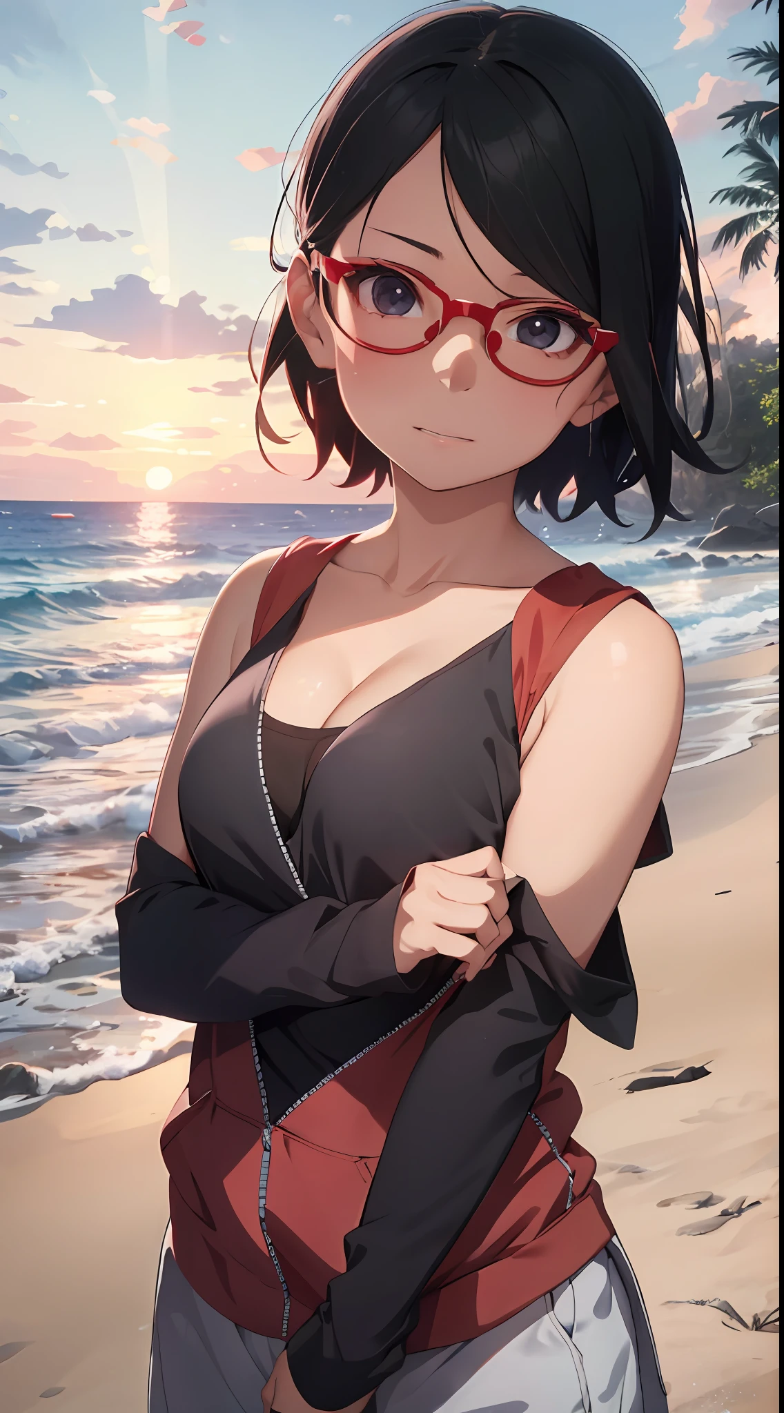 1 rapariga, Forehead,Photo assignment,Red glasses frame, Beach postcard,(Off-the-shoulder attire) Models,(No shoulder strap),MagazineCover, little breast,Beautiful model, adolable, small, perfect hand,((Lori huge breasts cleavage)), cleavage, Chubby body, underdressing, posing on the beach, hand free, tmasterpiece, Defiant eyes, ahegao, gravure model, beautiful cinematography, k hd, Perspective from above, Old in sight, uchiha sarada, drops of sweat, Be red in the face, the sunset, cametto