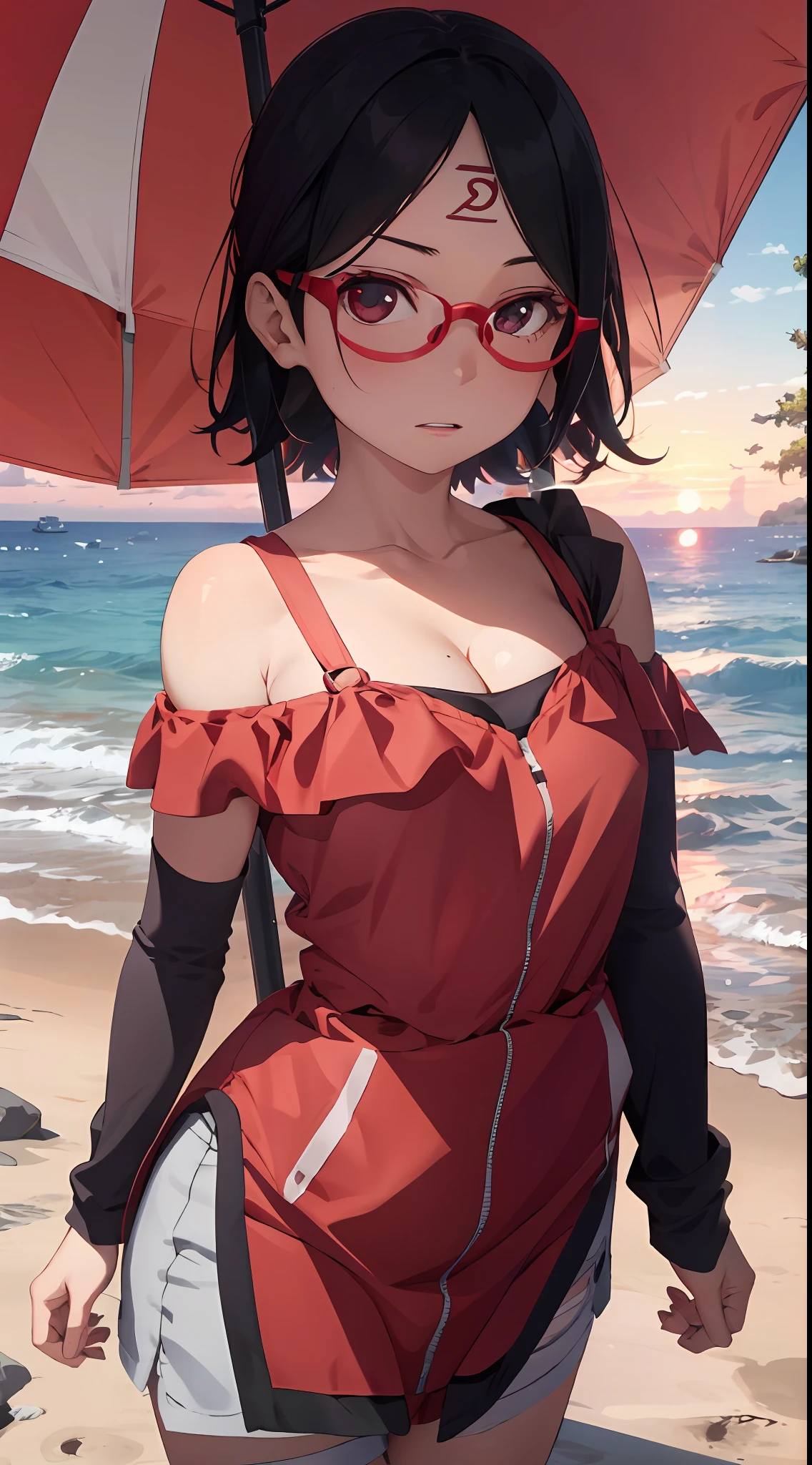 1 rapariga, Forehead,Photo assignment,Red glasses frame, Beach postcard,(Off-the-shoulder attire) Models,(No shoulder strap),MagazineCover, little breast,Beautiful model, adolable, small, perfect hand,((Lori huge breasts cleavage)), cleavage, Chubby body, underdressing, posing on the beach, hand free, tmasterpiece, Defiant eyes, ahegao, gravure model, beautiful cinematography, k hd, Perspective from above, Old in sight, uchiha sarada, drops of sweat, Be red in the face, the sunset, cametto