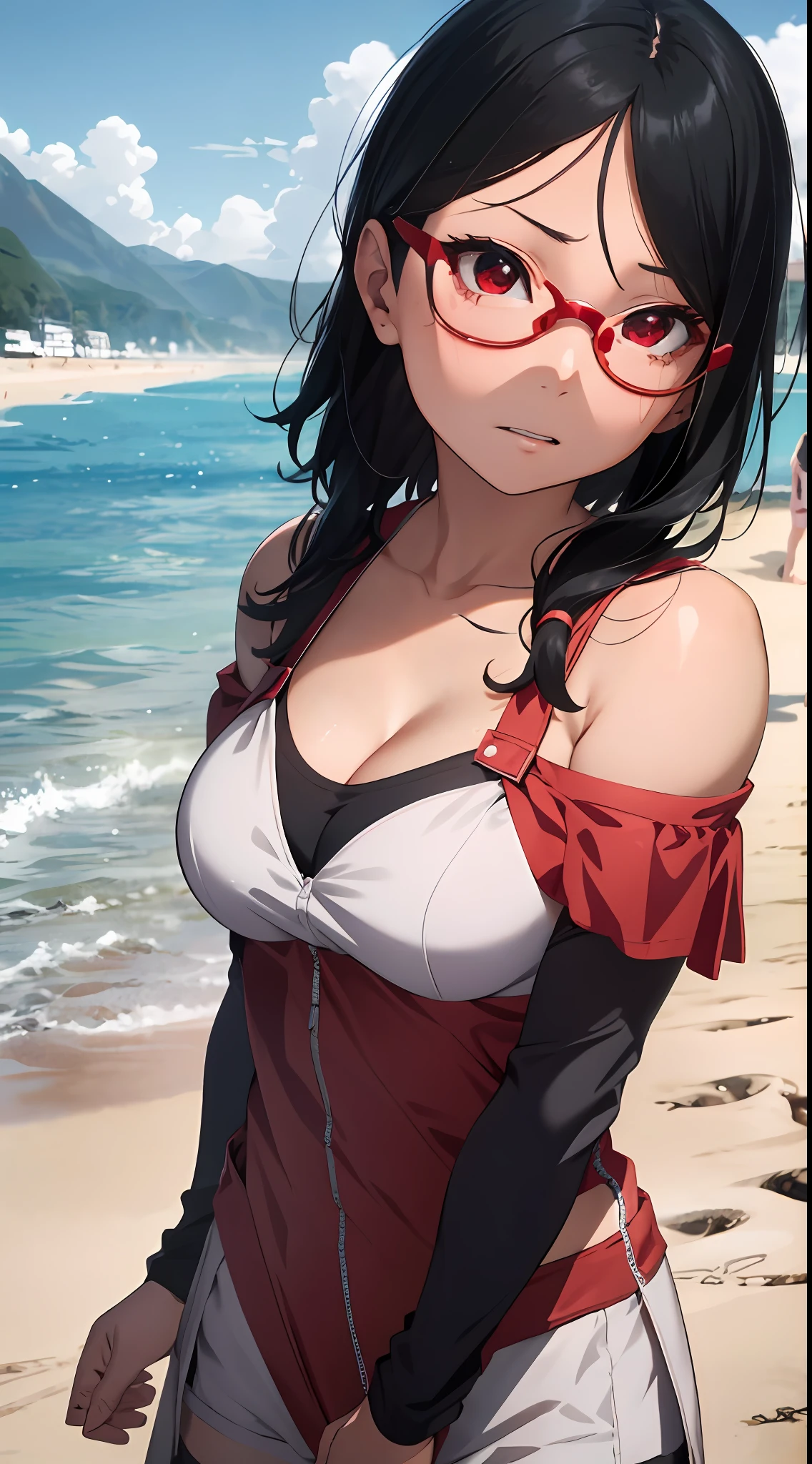 1 rapariga, Forehead,Photo assignment,Red glasses frame, Beach postcard,(Off-the-shoulder attire) Models,(No shoulder strap),MagazineCover, little breast,Beautiful model, adolable, small, perfect hand,((Lori huge breasts cleavage)), cleavage, Chubby body, underdressing, posing on the beach, hand free, tmasterpiece, Defiant eyes, ahegao, gravure model, beautiful cinematography, k hd, Perspective from above, Old in sight, uchiha sarada, drops of sweat, Be red in the face, the sunset, cametto