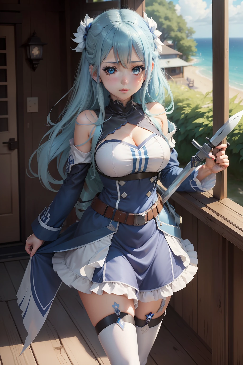 anime girl with sword and blue eyes in a blue dress, kantai collection style, kirokaze, anime moe artstyle, marin kitagawa fanart, kancolle, art of kirokaze pixel, azur lane style, aqua from konosuba, from girls frontline, zerochan art, konosuba anime style