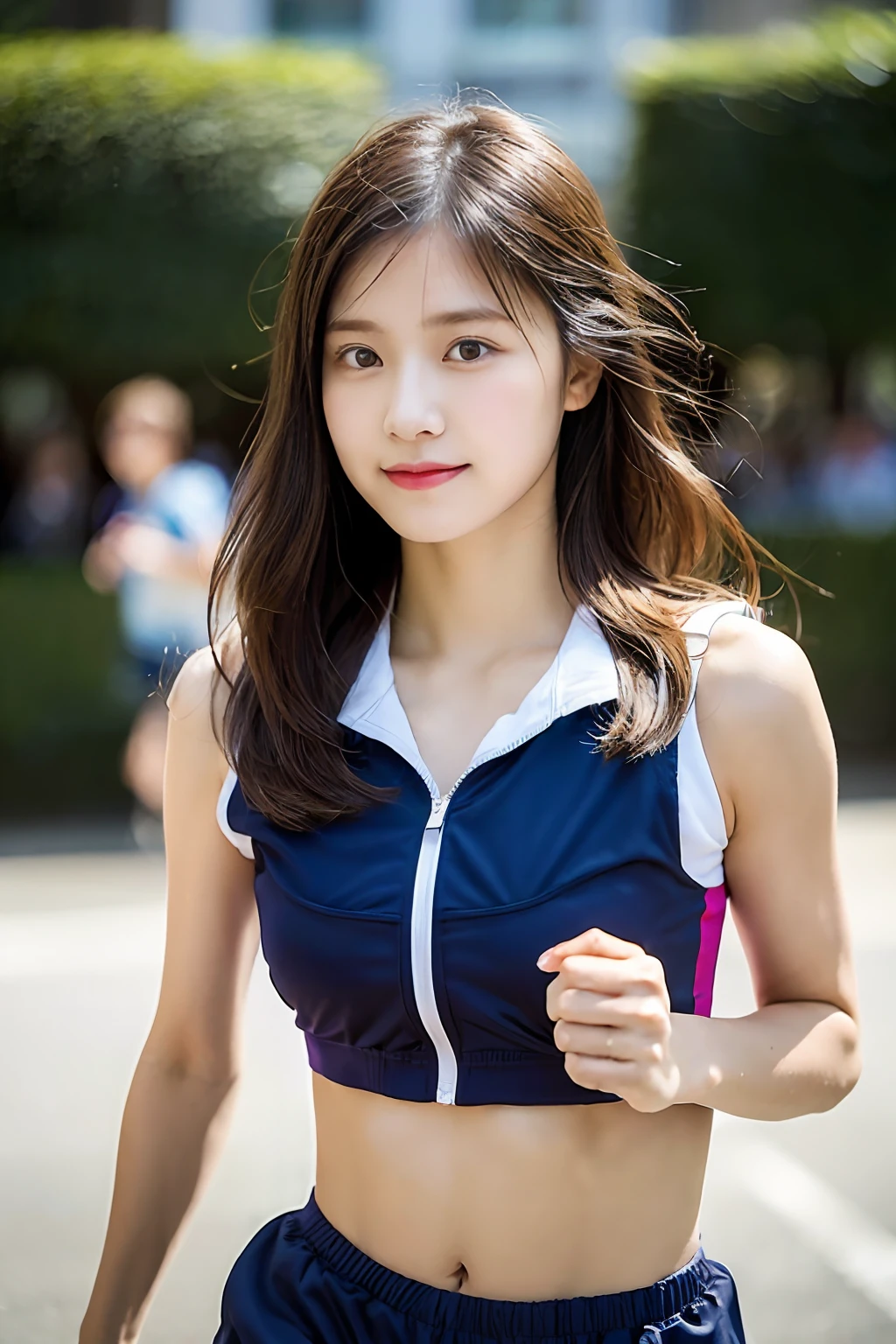 (((Sports, Short, Long, Running, Jogging, Marathon, Exercise, Athletics, Running, Running Posture, Running, Feeling of Galloping, Sweat, Sweat, Sweating Lots)))), ((Volley Uniform: 1.3, White, Red, Blue, Uniform: 1.3, Lower, Swaying, Hetero)), ((White, Red, Blue, Bloomers: 1.2, Low Rise)), (Athletics, Floating Hair NovaFrog Style, Floating Hair, Hair and Clothes That Flutter in the Wind, High School, Slender Abs: 1.2, Navel, Serious Look), (The shape of the pubic area is clearly visible)), Blushing, NSFW, 8k, RAW Photo: 1.2, (Best Quality: 1.4, Masterpiece: 1.4), Super Detail, Best Illustration, Ultra High Resolution, Portrait, Film Grain, 1girl, POV, Depth of Field, Photorealistic: 1.4, detailed hair, realistic hair, realistic lighting, realistic shadows, realistic clothing, realistic skin, natural skin texture, portrait: 0.6, light particles, lens flare, glowing particles: 0.6, bokeh: 1.2, clean: 1.8, professional lighting, photon mapping, radiosity, physically based rendering, incredibly absurd, Glossy skin, pale skin: 1.2, PureErosFace_v1: 0.7, fair skin: 1.1, round face: 1.5, mouth open, puffy eyes, purple eyes, double eyelids, egyosar: 1, floating hair, makeup, Japan girl, lovely thighs, shining thighs, shining legs