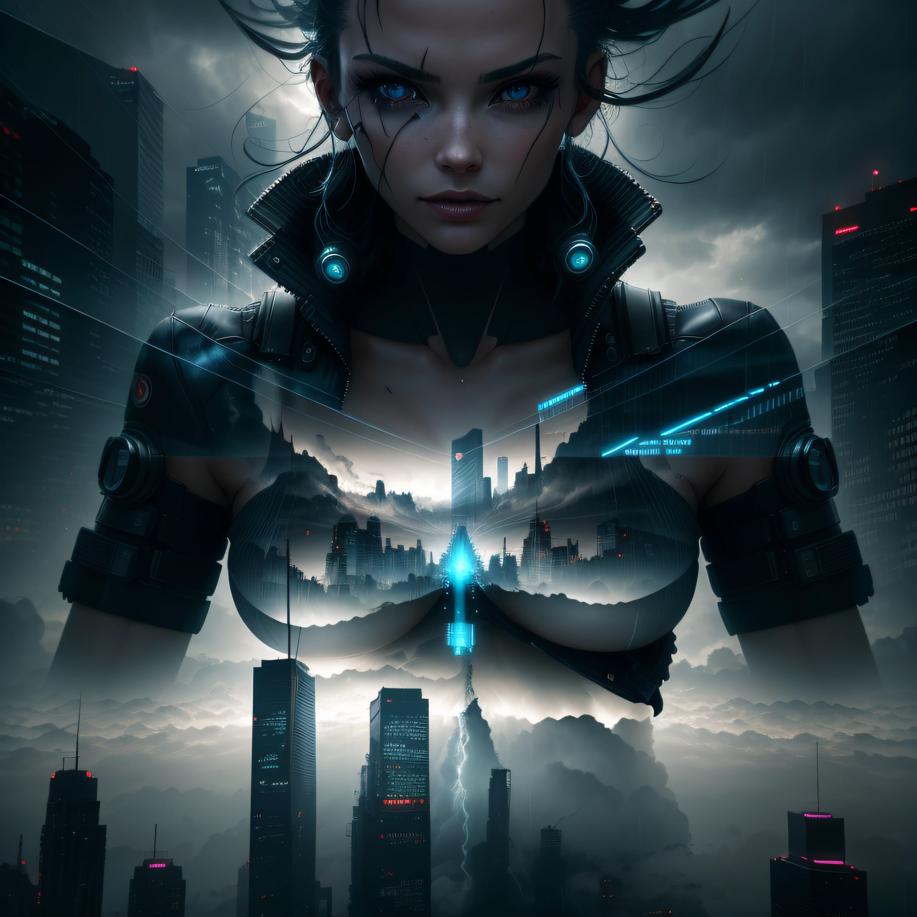 cyberpunk [foggy cityscape in the distance : very pretty girl, city:0.33] immersed in a giant flow of wind, living in a thunder cloud, behind the cloud, (double exposure:1.3), photo by Brandon Woelfelmist, surreal dream, gray atmosphere, rainy day, dynamic, lut, hdr