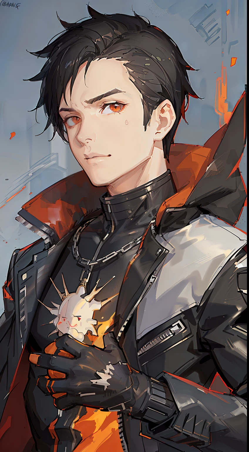 Grown-up guy, short black hair, Orange Eyes, leather jacket with spikes, circuits, Ghost Rider, Masterpiece, hiquality