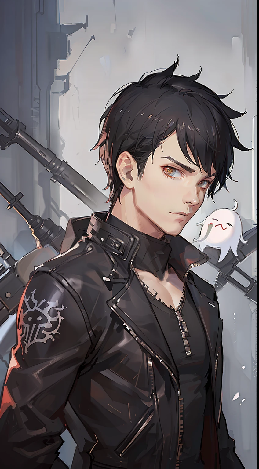 Grown-up guy, short black hair, Orange Eyes, leather jacket with spikes, circuits, Ghost Rider, Masterpiece, hiquality