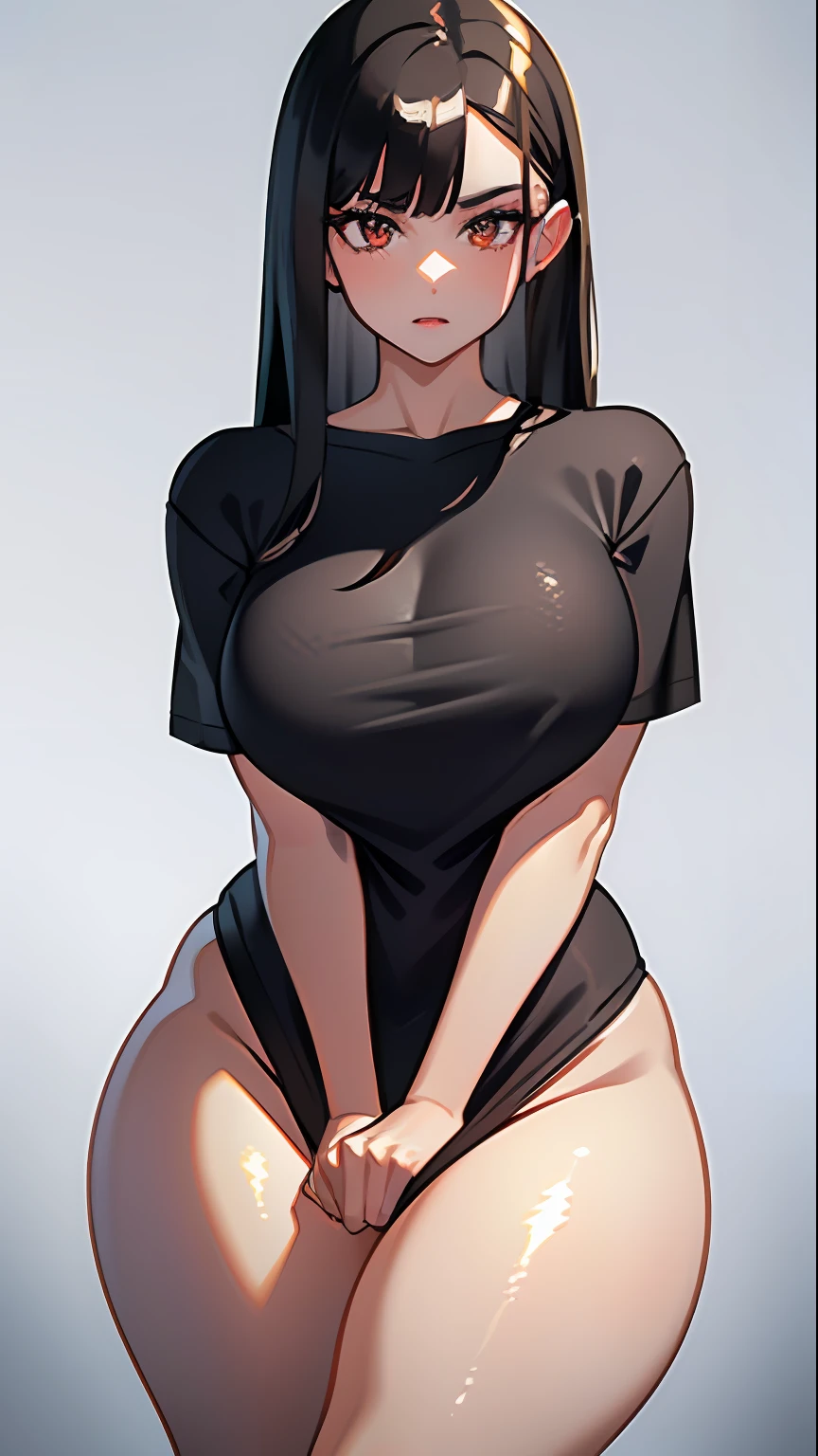 1girl, solo, black t-shirt, oversized shirt, masterpiece, best quality, realistic, hyper-detailed, (shiny skin:1.4), absurd, looking at viewer, long black hair, brown eyes, slender, dynamic lighting, high resolution, sharp focus, depth of field, detailed eyes, sharp pupils, realistic pupils, (large breasts:1.2), thick thighs