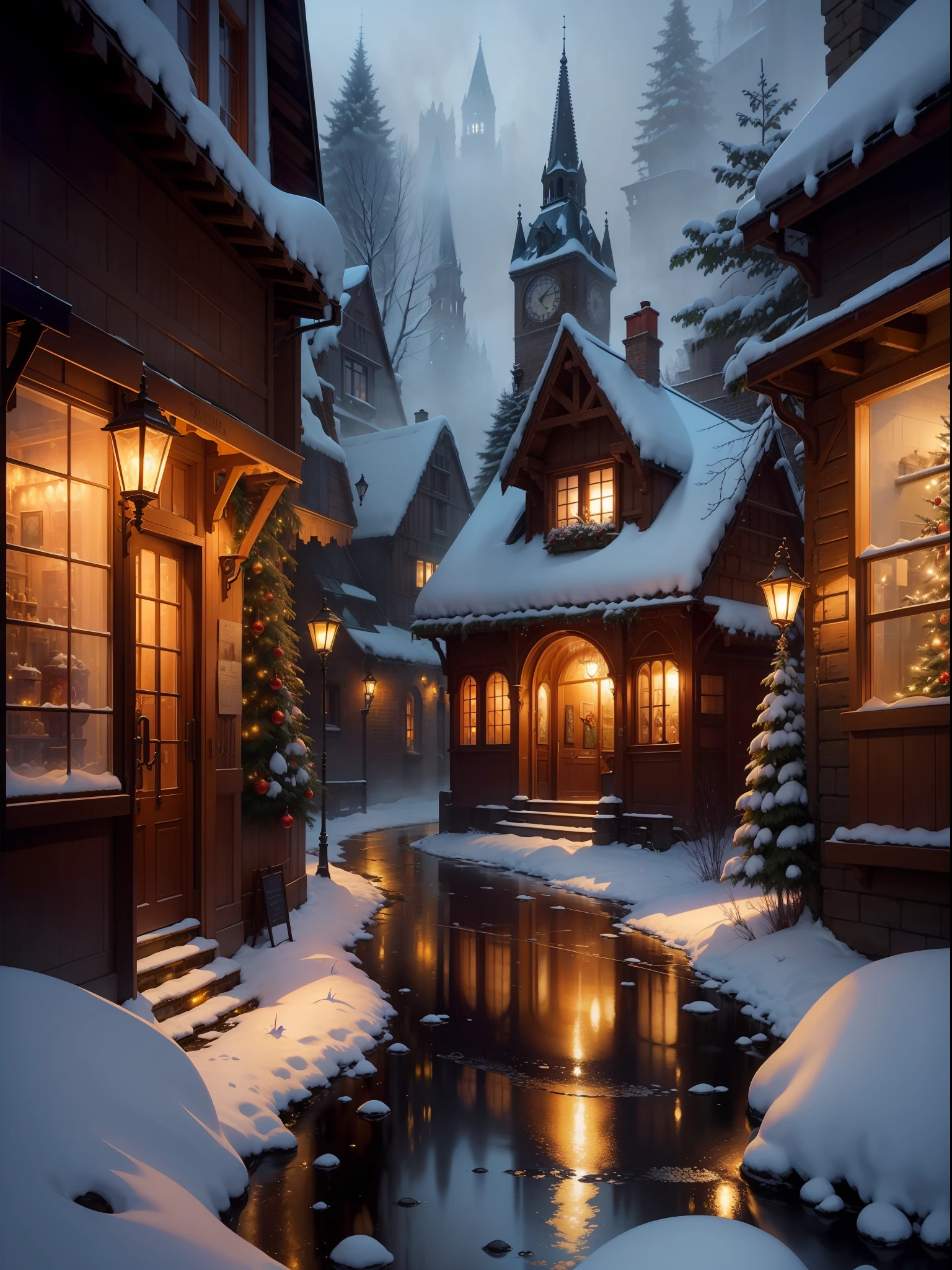 A Watercolour Painting, Christmas Eve in Paris, a colourful Christmas tree on the side, beautiful, Christmas night, misty night, three-dimensional effect, snow, hyperrealistic, highly detailed, fantasy art, Old English Village Alley, coloured lights, fireworks, stone buildings, tavern, arcades, stone steps, flower pots, planters, hazy, mystical lighting, filigree, sharp colours, golden hour, blurred background, wet on wet, shimmering, by Josephine Wall and Daniel Merriam, 8k