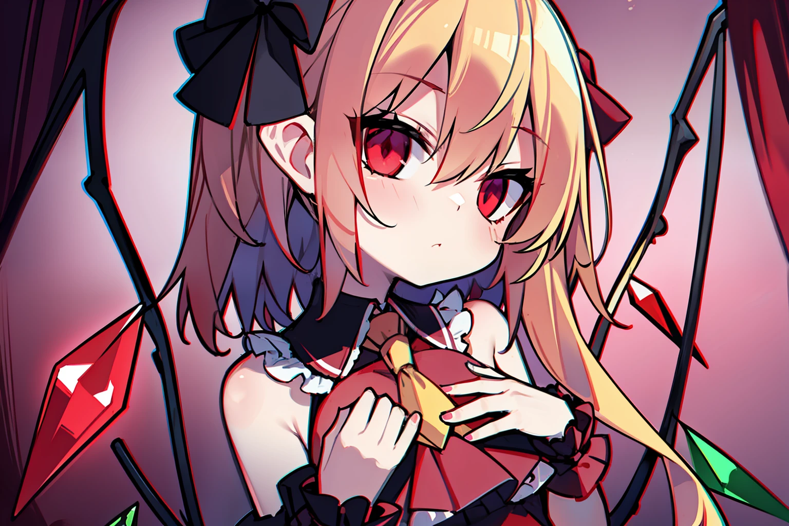 glares、(Flandre Scarlet)、From chest to head、gloomy eyes、Exquisite blood、semi short hair