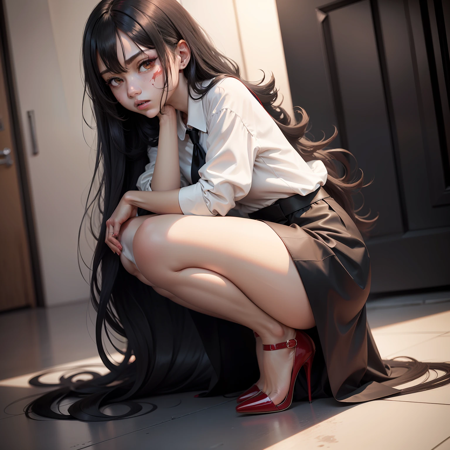 whaite hair,long leges,black in color,high-heels,white shirt,Skirt that wraps hips,Be red in the face