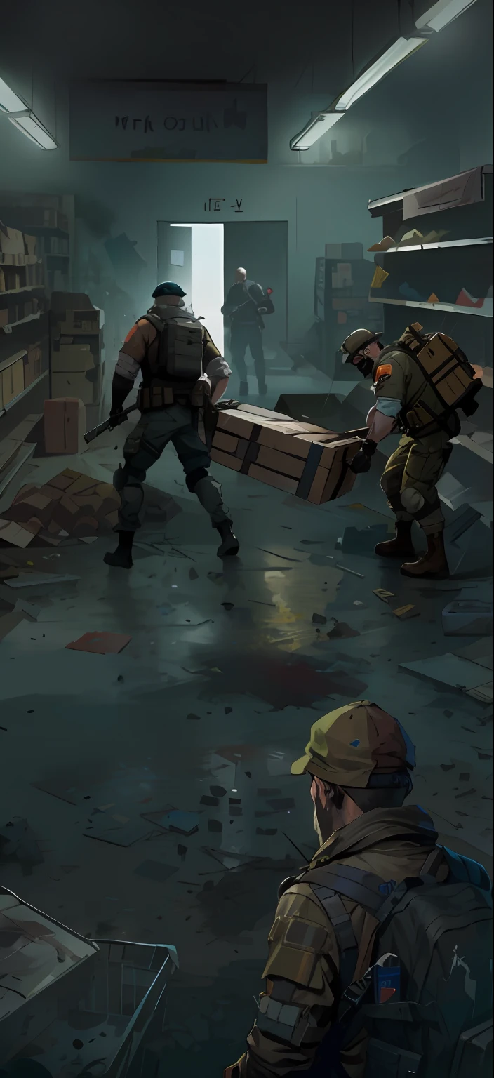 Survivors in the supermarket carry a large box of items, concept art like ernest khalimov, detailed game art illustration, fps game concept art, Game illustration, inspired by Ismail Inceoglu, author：Ismail Inceoglu, concept art for a video game, ismail inceoglu and ruan jia, author：Alexander Jean, combat scene