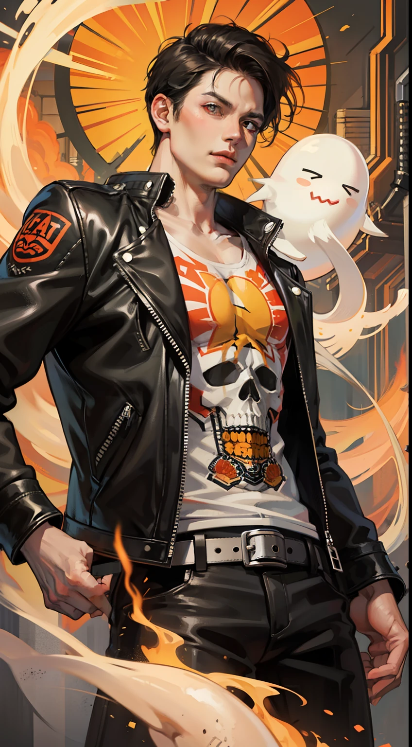 Grown-up guy, short black hair, Orange Eyes, leather jacket with spikes, circuits, Ghost Rider, Masterpiece, hiquality