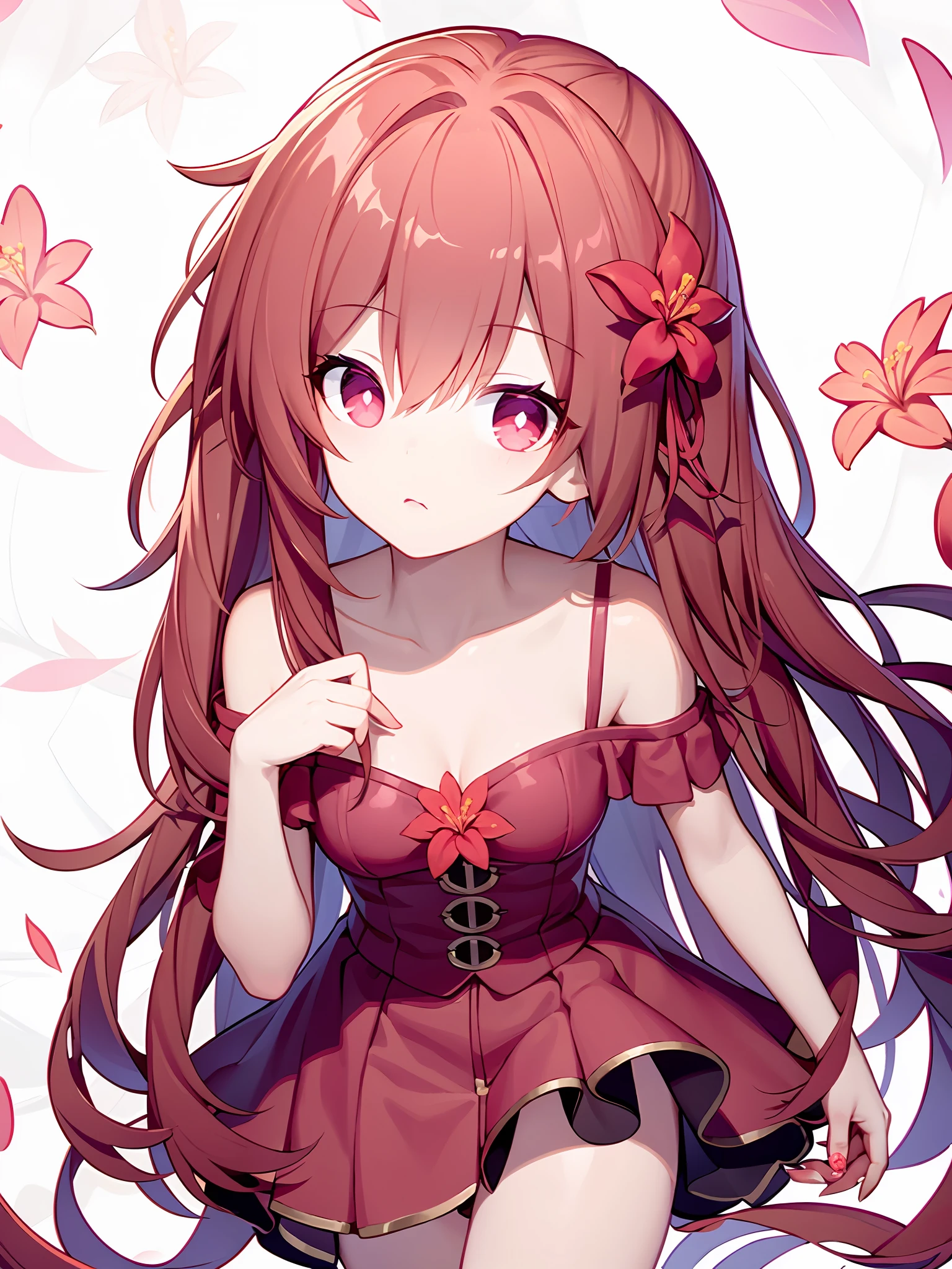 Anime girl, flower, eyebrows visible through hair, red hair, hair flower, petals on liquid, confetti, puffy sleeves, pink flower, cowboy shot, puffy short sleeves, red eyes, hair between eyes, dress, one side up, cherry blossoms, red flower, collarbone, looking at viewer, bangs, blush, red ribbon, closed mouth, petals, hair ornament, falling petals ,Medium-sized breasts, flat chest, short skirt, clothes, beautiful legs,autumn, outdoor