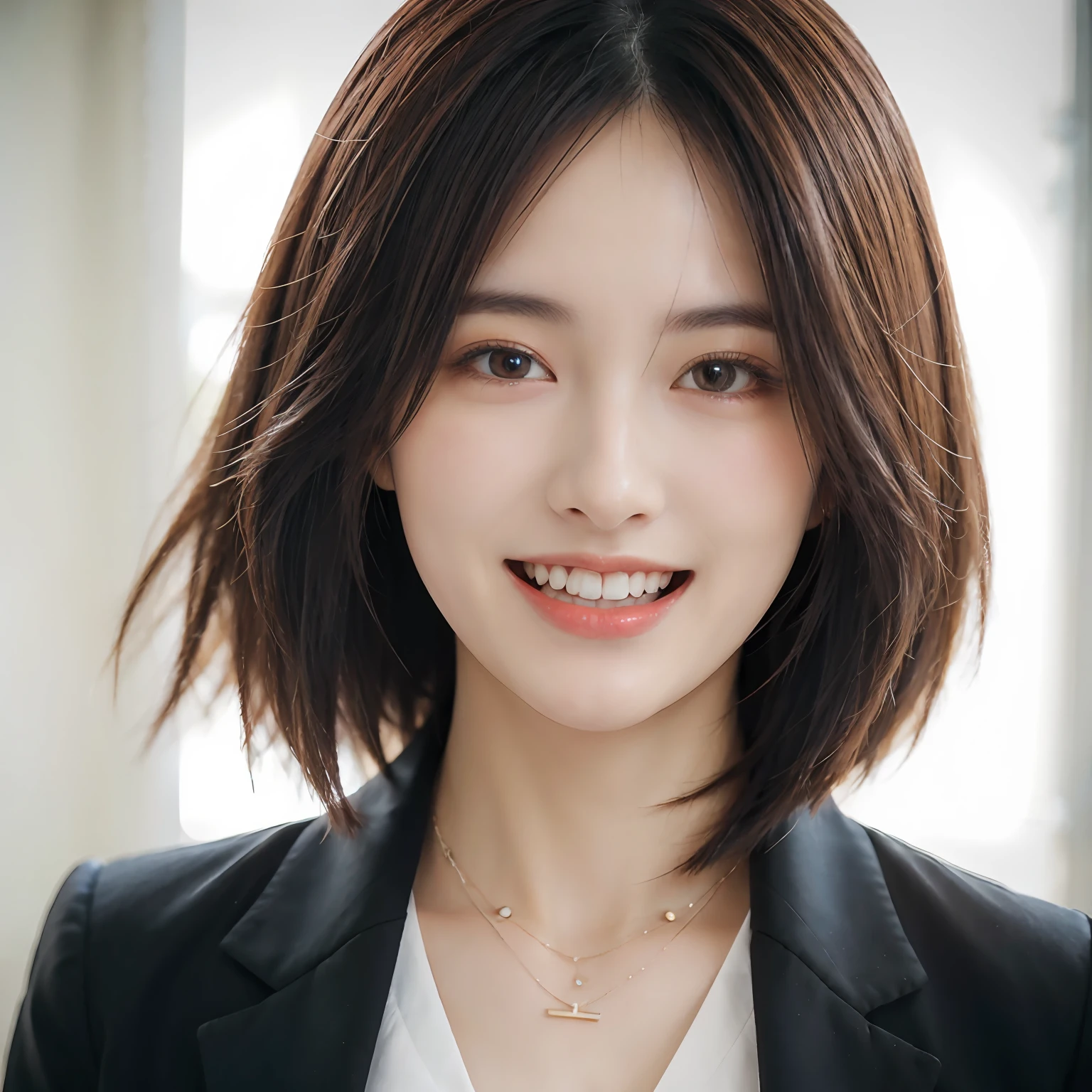 Dressed, (photographrealistic:1.4), (Hyper realistic:1.4), (Realistic:1.3), (Smoother lighting:1.05), (increase cinematic lighting quality:0.9), 32K, 1girl in,25-years old, Realistic lighting, Backlighting, Light on Face, raytrace, (Brightening light:1.2), (Increase quality:1.4), (Top quality real texture skins:1.4), finely detailed eyes, finerly detailed face, (tired and sleepy and joy:0), (Laugh:1.4), Black Suit,a necklace, (Increase body line mood:1.1), (Increase the beauty of skin texture:1.1)