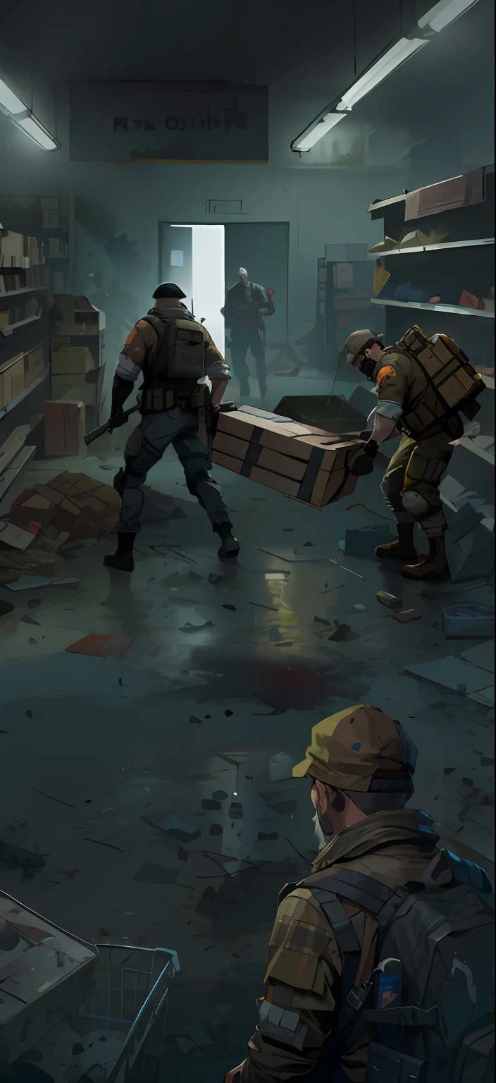 Survivors in the supermarket carry a large box of items, concept art like ernest khalimov, detailed game art illustration, fps game concept art, Game illustration, inspired by Ismail Inceoglu, author:Ismail Inceoglu, concept art for a video game, ismail inceoglu and ruan jia, author:Alexander Jean, combat scene