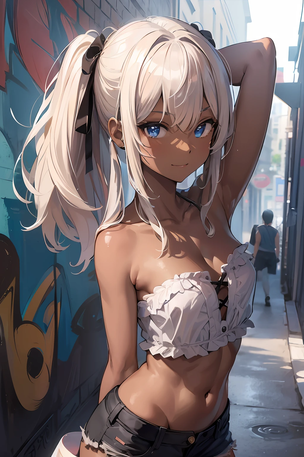 (1girl in, **** girl, Solo),(Best Quality,Hyper Detailed:1.5),more_Details:1,(Dark skin:1.5), (Twin tail,Evil_Smile),(Gravure Pose,双臂在头后:1.2),Detailed beautiful blue eyes,(ootd,Strapless Tube_Top,Shorts),Detailed medium hair,(a blond,small brest),Immoral atmosphere,Intense angle,(Dark skin,Brown skin:1.3),BREAK,(absurderes, Upper body,Insanely detailed portrait,Intense angle,Expressive,Ultra-detailed,extremely delicate and beautiful),(perfect detailed eyes),(Beautiful Landscapes,8K),(incredible detailed,delicate and intricate hair),(shiny,clothes reflecting light),BREAK,(plein air,In the back alley,Graffiti_walls,Daytime,Magic Hour),