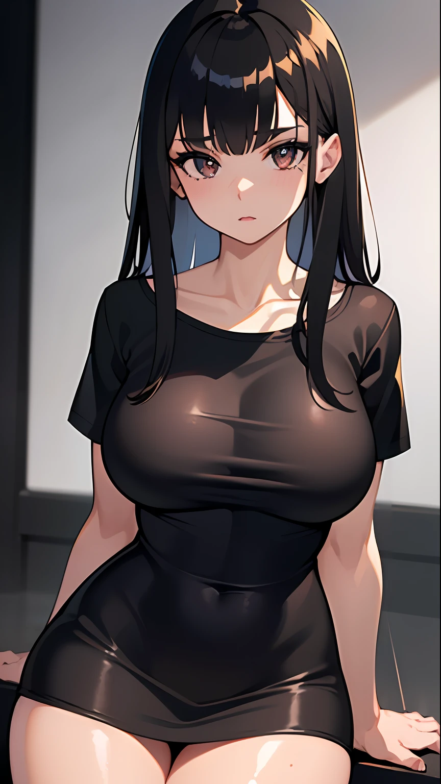 1girl, solo, black t-shirt, oversized shirt, masterpiece, best quality, realistic, hyper-detailed, (shiny skin:1.4), absurd, looking at viewer, long black hair, brown eyes, slender, dynamic lighting, high resolution, sharp focus, depth of field, detailed eyes, sharp pupils, realistic pupils, (large breasts:1.2), thick thighs, black miniskirt