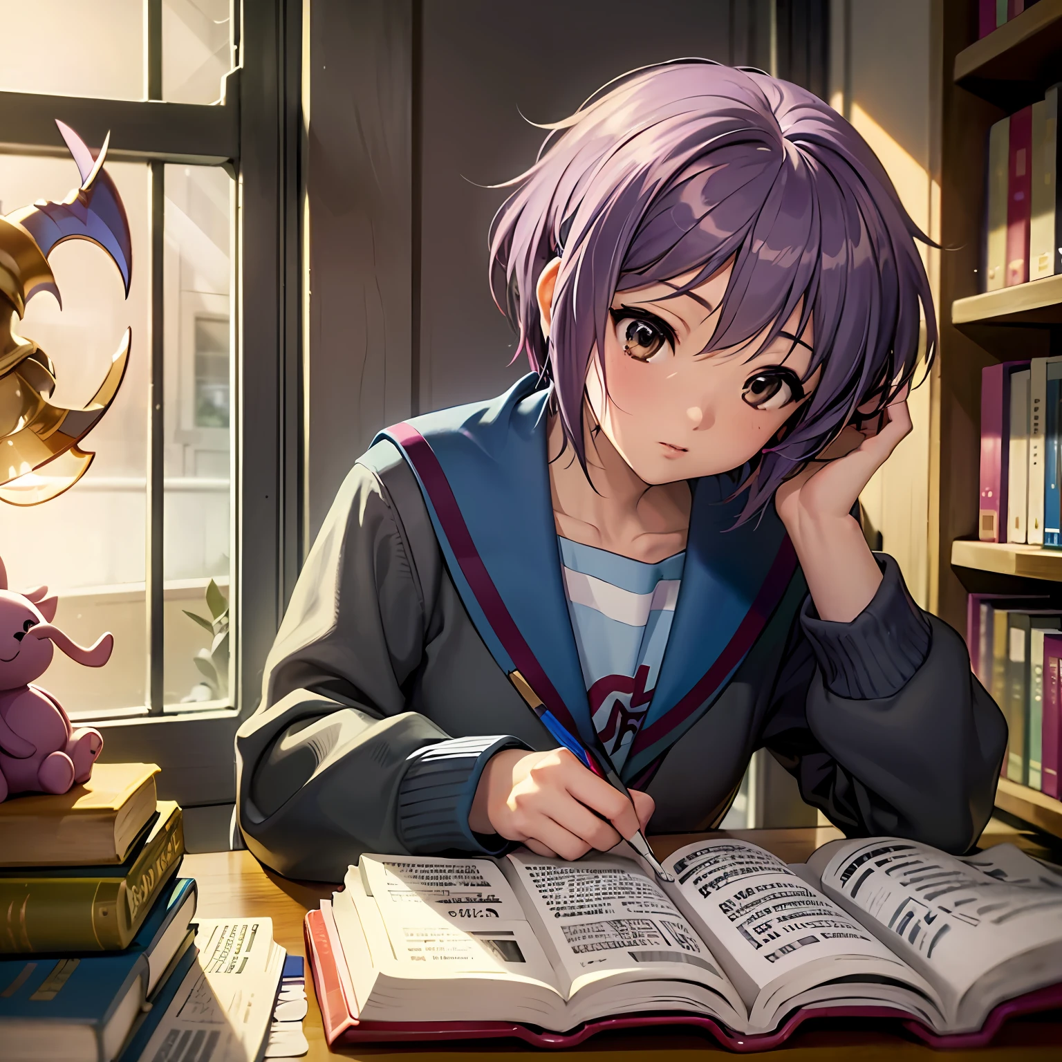 Yuki Nagato, the enigmatic character from "Suzumiya Haruhi no Yuutsu," seems to lead an ordinary, unassuming life on the surface. Her daily activities are veiled in mystery, often unnoticed by her peers. Yet, beneath her reserved exterior, lies a voracious bookworm with a hidden passion for literature.

Every morning, Yuki sets out for school with a quiet demeanor. Her peers see her as a reserved and unremarkable student, never suspecting the depth of knowledge she possesses. As she sits at her desk, her nose buried in a book, her classmates assume she's merely completing her assignments. Little do they know that Yuki's books hold secrets to worlds far beyond the ordinary.

During lunch breaks, Yuki finds solace in the school library, surrounded by the comforting scent of aged pages. She immerses herself in books of every genre, from classic literature to obscure scientific journals. Reading is her gateway to endless possibilities, where imagination knows no bounds.

As the afternoon classes drone on, Yuki's mind often drifts to the worlds she has explored within the pages of her books. Her eyes may be focused on the chalkboard, but her thoughts are always a universe away. In the realm of her mind, she conjures up adventures, unraveling mysteries, and delving into the depths of human emotions.

After school, Yuki slips away to a quiet corner of the library, away from the bustling crowds. Here, she finds comfort and solace among the rows of books that line the shelves. In the world of literature, she finds companionship and understanding, a refuge from the complexities of reality.

Once the evening descends, Yuki returns to her home, where her room is adorned with shelves overflowing with books. This space is her sanctuary, where she can delve into stories until the late hours of the night. The soft glow of a lamp casts a warm aura, and she loses herself in the adventures of characters she's come to know as friends.