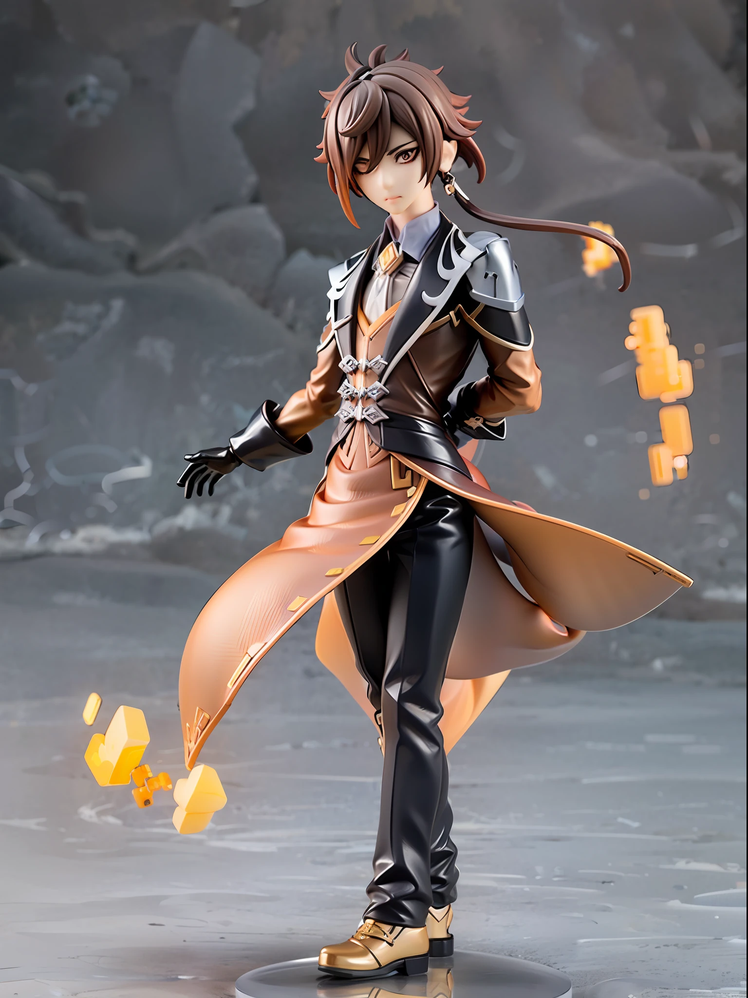 (Blind box toy style:1.3), (Full body shot) , 1 masterpiece, Best quality, ((anatomy correct,1 boy solo)),((zhongli:1.2)) (genshin impact), Brown hair, single earring, mitts, Black gloves, jewelry, Tassel earrings, pony tails, hair between eye, Jacket, Long sleeves, Yellow eyes, shirt, tiese, Collared shirt, formal, suit, Closed mouth, dreamy glow, Clean, Clean background(circular base) ( Global illumination, Ray traching, hdr, unreal render,reasonable design, high detal, Masterpiece, Best quality, hyper HD, Cinematic lighting)