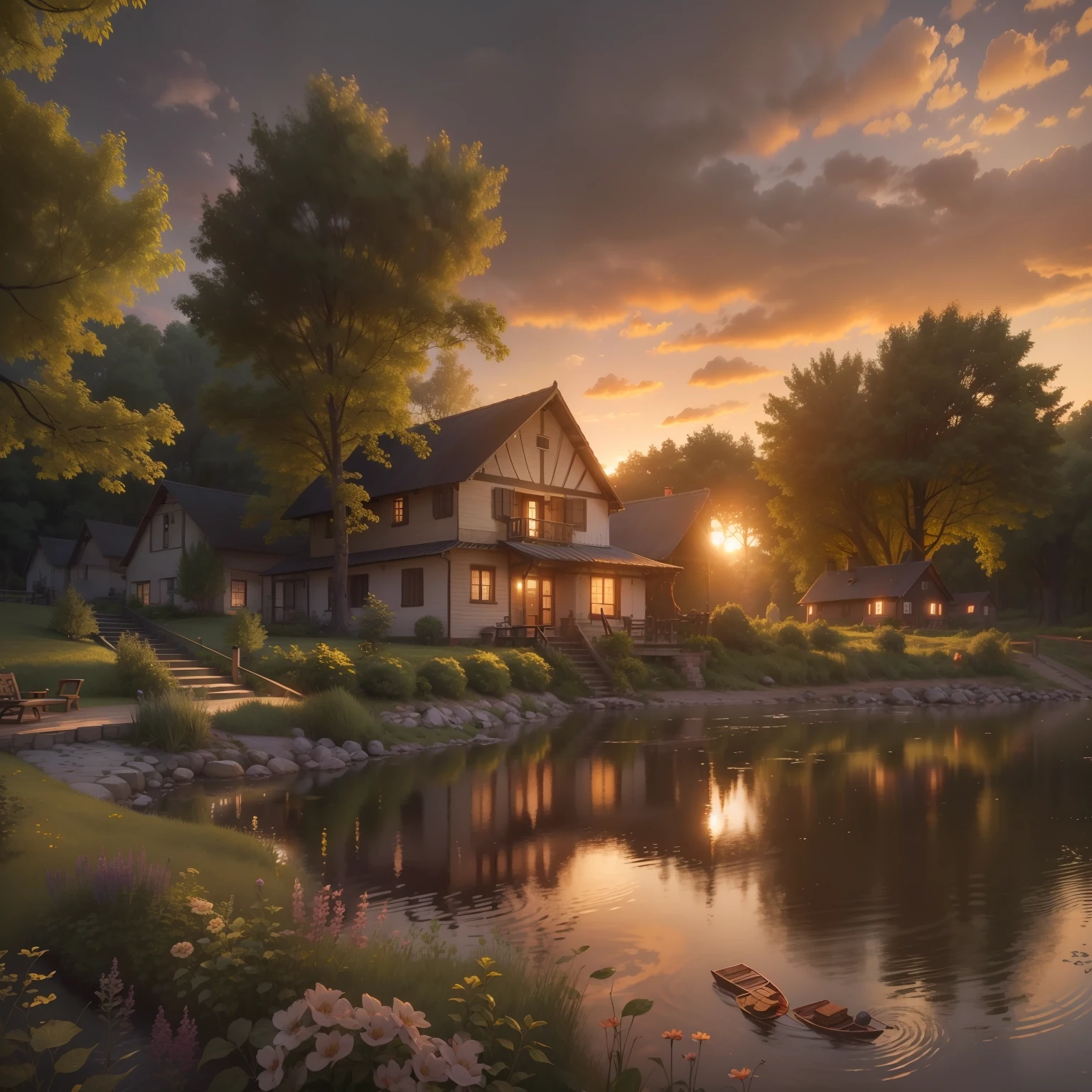 summer evening, Village house on the banks of the river, A forest in the distance, Sundown, Near the house barbecue, Realistic, (8K resolution), 8K, 8kres, Truth 8K, hight resolution, higly detailed, detailed and intricate, intricate detials, ah high, intricate details, super resolution, Ultra HD, megapixel,