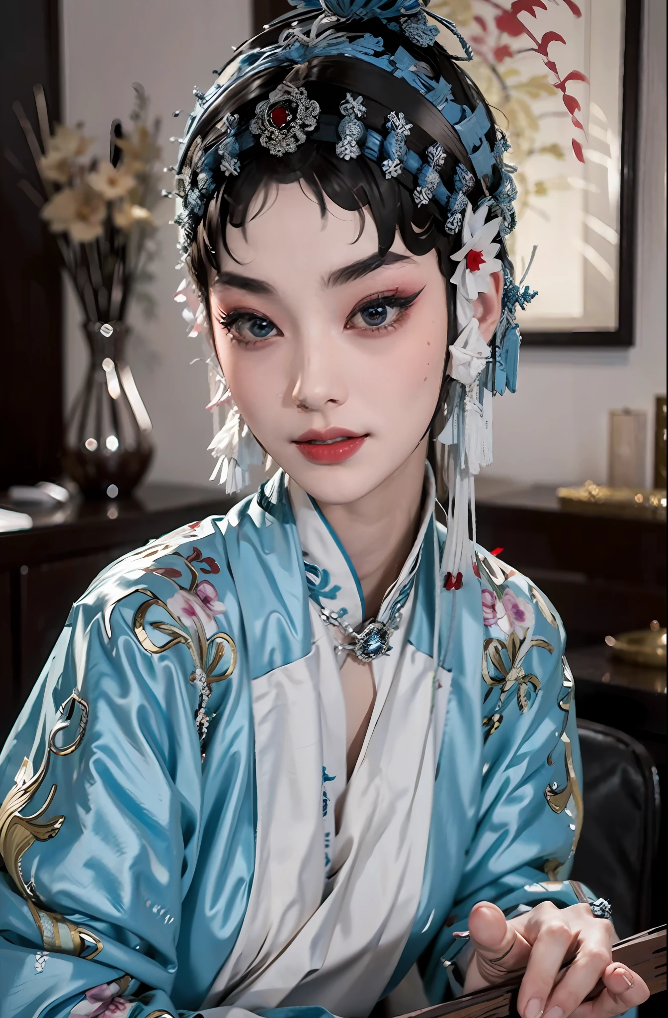 1girll，（Nordic supermodel），sface focus，（Peking Opera Half Noodles：1.2），（lucid blue eyes：1），（tmasterpiece，top-quality，best qualityer，offcial art，Beauty and aesthetics：1.2），up front view，facing to audience，（full bodyesbian：1.1），huge tit，Full body photo，delicate leg