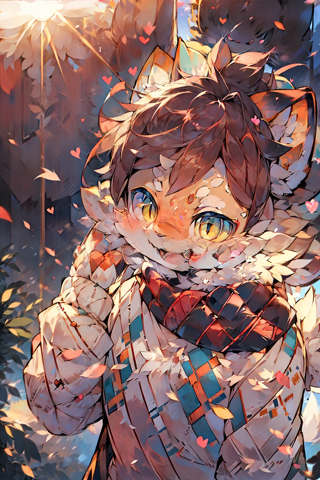 a girl, cosy sweater on, upper body, (huge Laughing:1.1), (open mouth:1.1), (wide open eyes:1.2), sun glare, bokeh, depth of field, blurry background, light particles, strong wind, (heart particles:1.1)