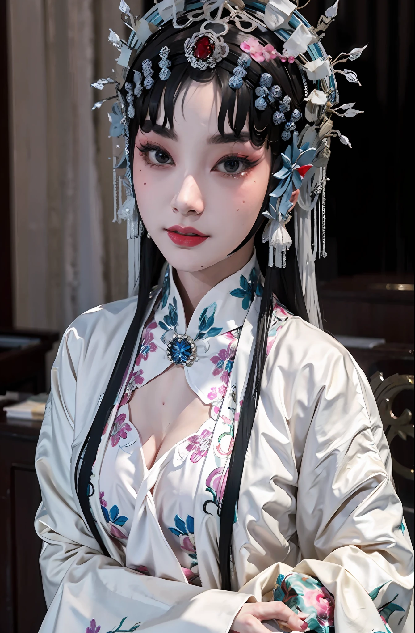 1girll，（Nordic supermodel），sface focus，（Peking Opera Half Noodles：1.2），（lucid blue eyes：1），（tmasterpiece，top-quality，best qualityer，offcial art，Beauty and aesthetics：1.2），up front view，facing to audience，（full bodyesbian：1.1），huge tit，Full body photo，delicate leg