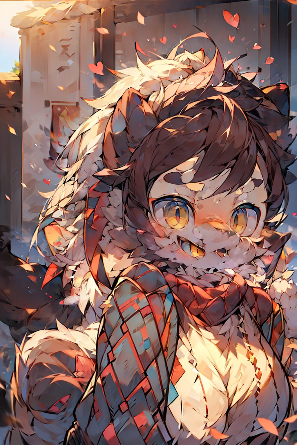 a girl, cosy sweater on, upper body, (huge Laughing:1.1), (open mouth:1.1), (wide open eyes:1.2), sun glare, bokeh, depth of field, blurry background, light particles, strong wind, (heart particles:1.1)