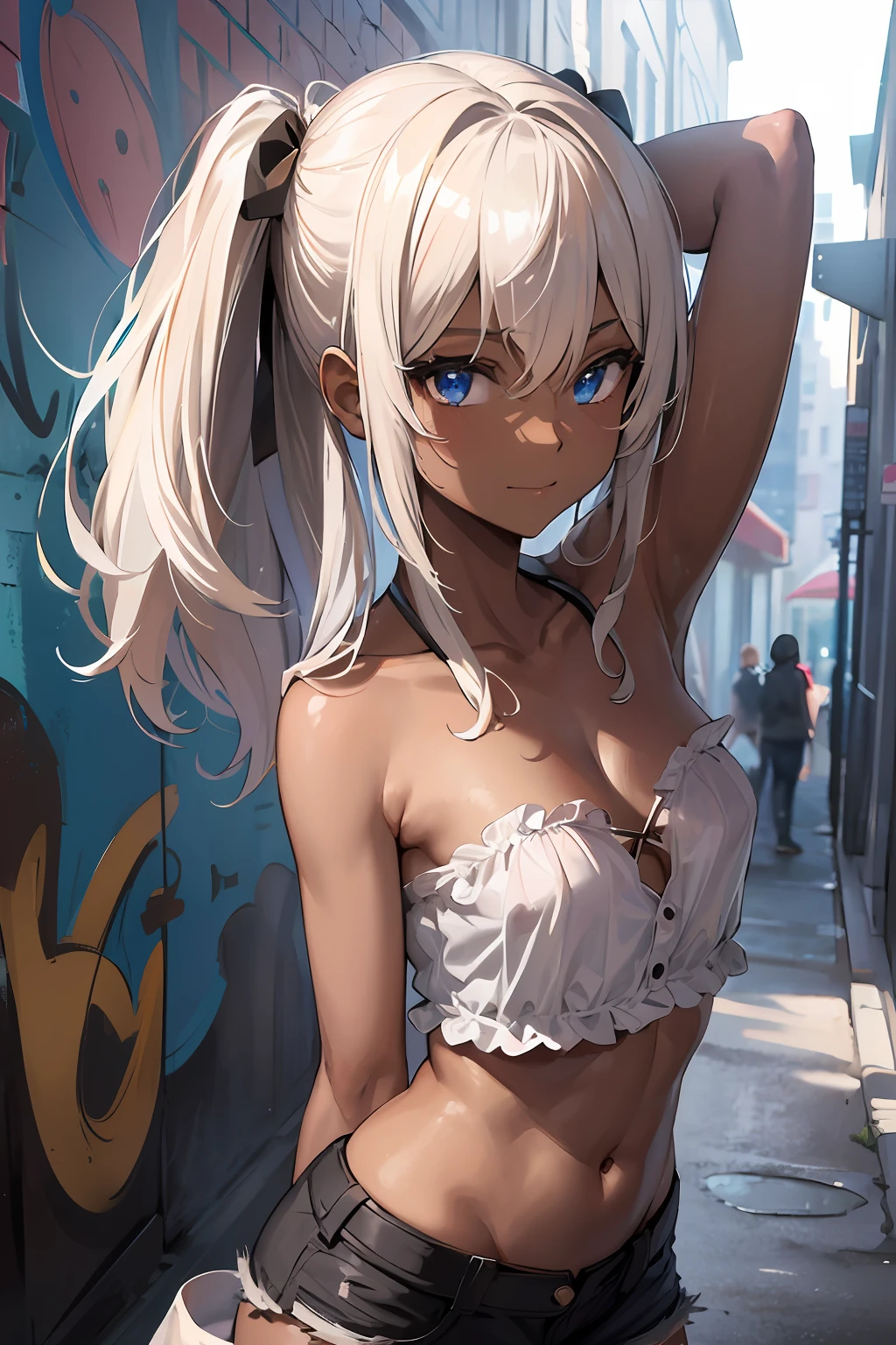 (1girl in, 16yo girl, Solo),(Best Quality,Hyper Detailed:1.5),more_Details:1,(Dark skin:1.5), (Twin tail,Evil_Smile),(Gravure Pose,双臂在头后:1.2),Detailed beautiful blue eyes,(ootd,Strapless Tube_Top,Shorts),Detailed medium hair,(a blond,small brest),Immoral atmosphere,Intense angle,(Dark skin,Brown skin:1.3),BREAK,(absurderes, Upper body,Insanely detailed portrait,Intense angle,Expressive,Ultra-detailed,extremely delicate and beautiful),(perfect detailed eyes),(Beautiful Landscapes,8K),(incredible detailed,delicate and intricate hair),(shiny,clothes reflecting light),BREAK,(plein air,In the back alley,Graffiti_walls,Daytime,Magic Hour),