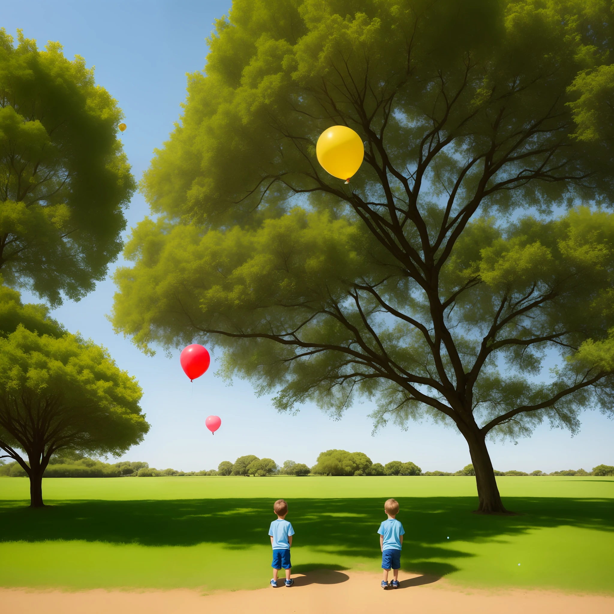 A stands under a big tree with a balloon